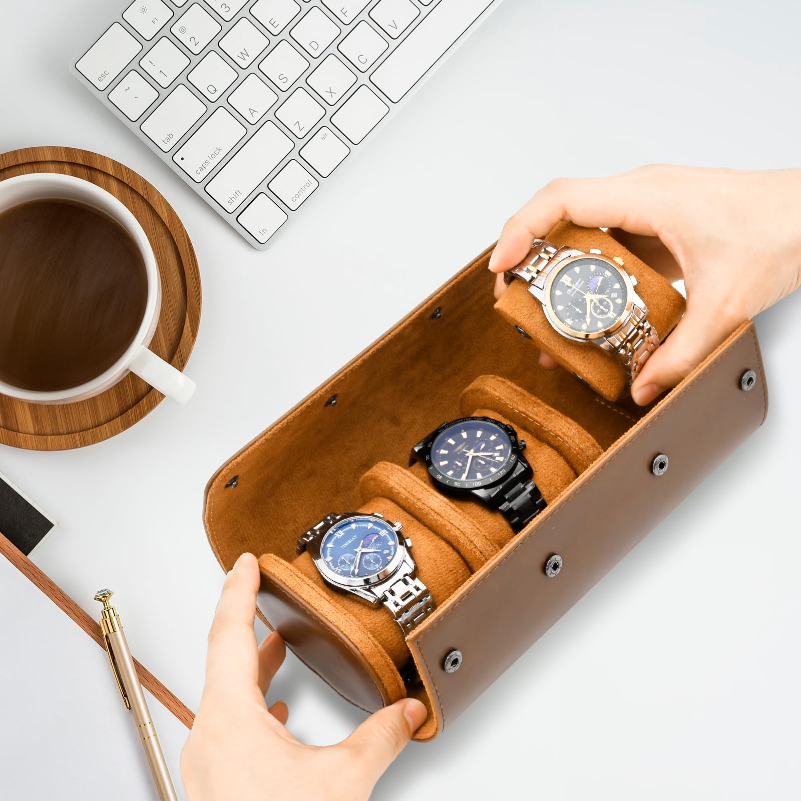 Premium ROSELLE Leather Watch Roll Travel Case - 3 Watch Storage Organizer for Men & Women with Removable Pillows & Solid Dividers - Secure Luxury Watch Display & Protection for Home, Travel & Office (Brown)