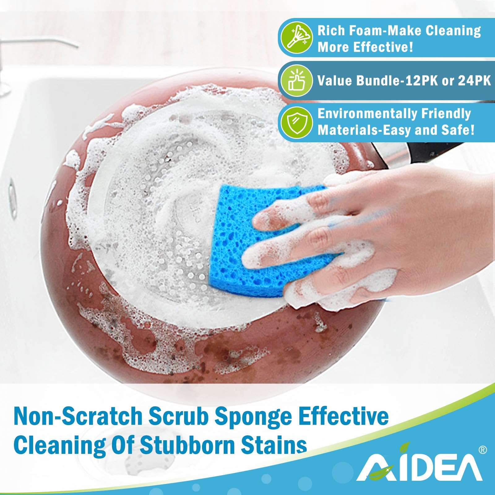 AIDEA Non-Scratch Kitchen Sponges (12-Pack) - Gentle Scrub Sponges for Dishes & Non-Stick Cookware - Fast Cleaning Without Scratches - Perfect for Kitchen, Bathroom & Household Cleaning - Ideal for Daily Dishwashing, Countertop Cleaning & Delicate Surface Care