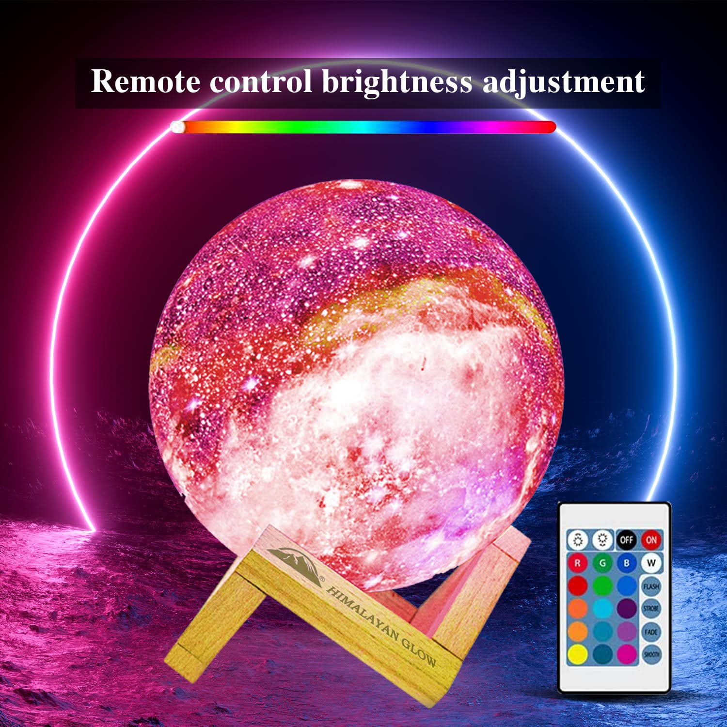 Himalayan Glow Galaxy Lamp - 5.9 Inch Moon Night Light with 16 Color Changing Modes, Wood Stand, Remote & Touch Control, USB Rechargeable - Perfect for Bedroom, Nursery, Meditation & Relaxation