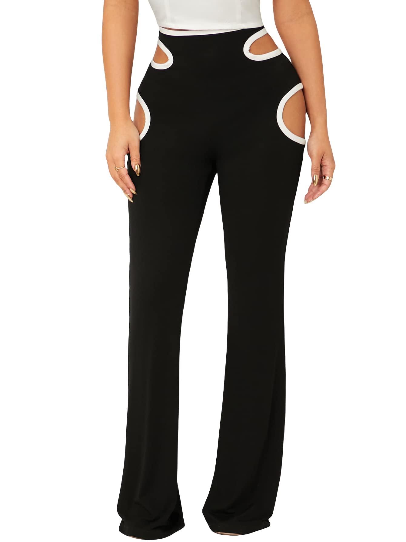 WDIRARA Women's High Waist Flare Bell Bottom Pants - Stretchy Elastic Cut Out Design for Casual & Party Wear | Perfect for 70s Retro Style, Date Night & Office Outfits
