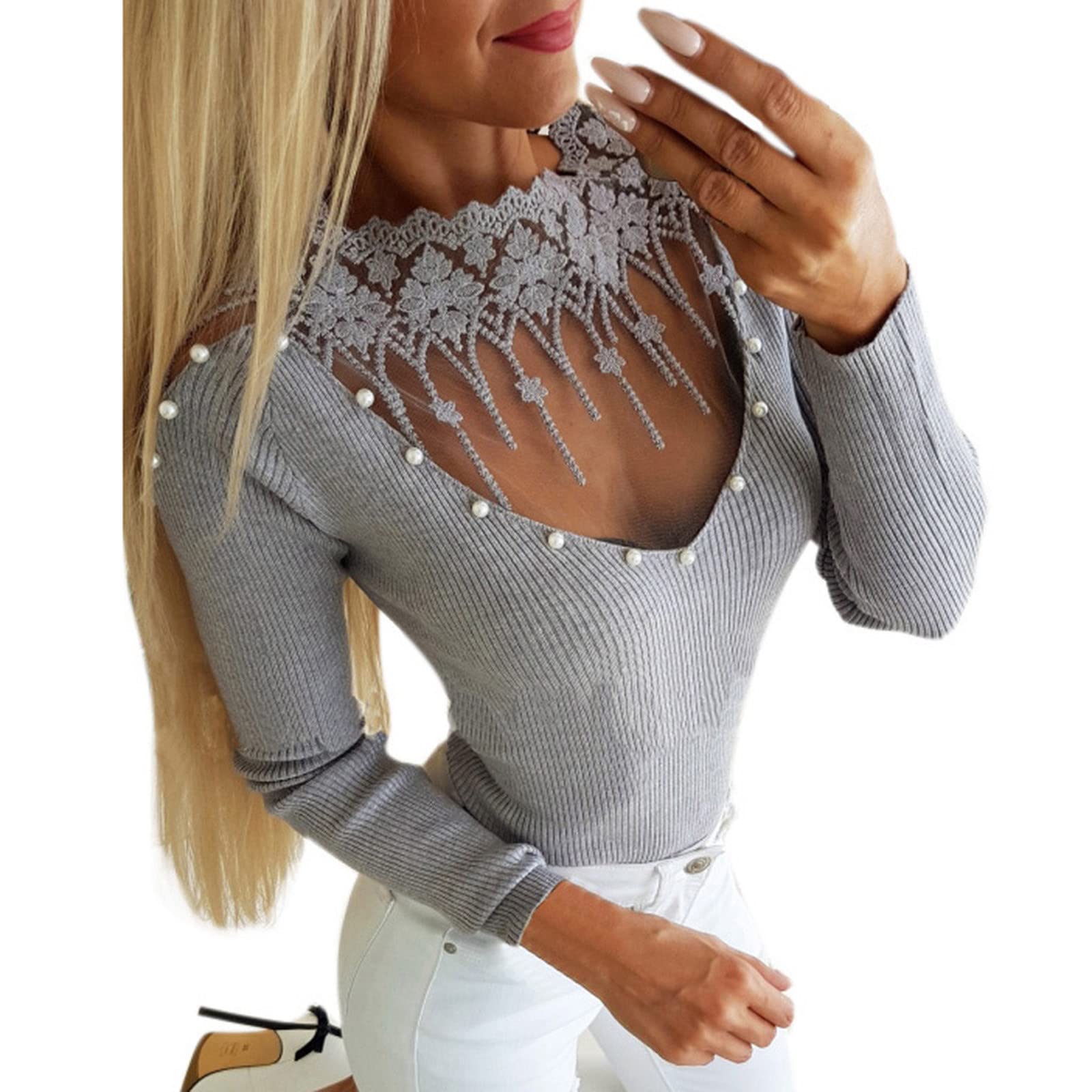 Sexy Long Sleeve Tops for Women - Stretchy Tight Fitted Blouse with Mesh Diamond Cutout Design - Perfect for Party, Club, Date Night & Casual Wear