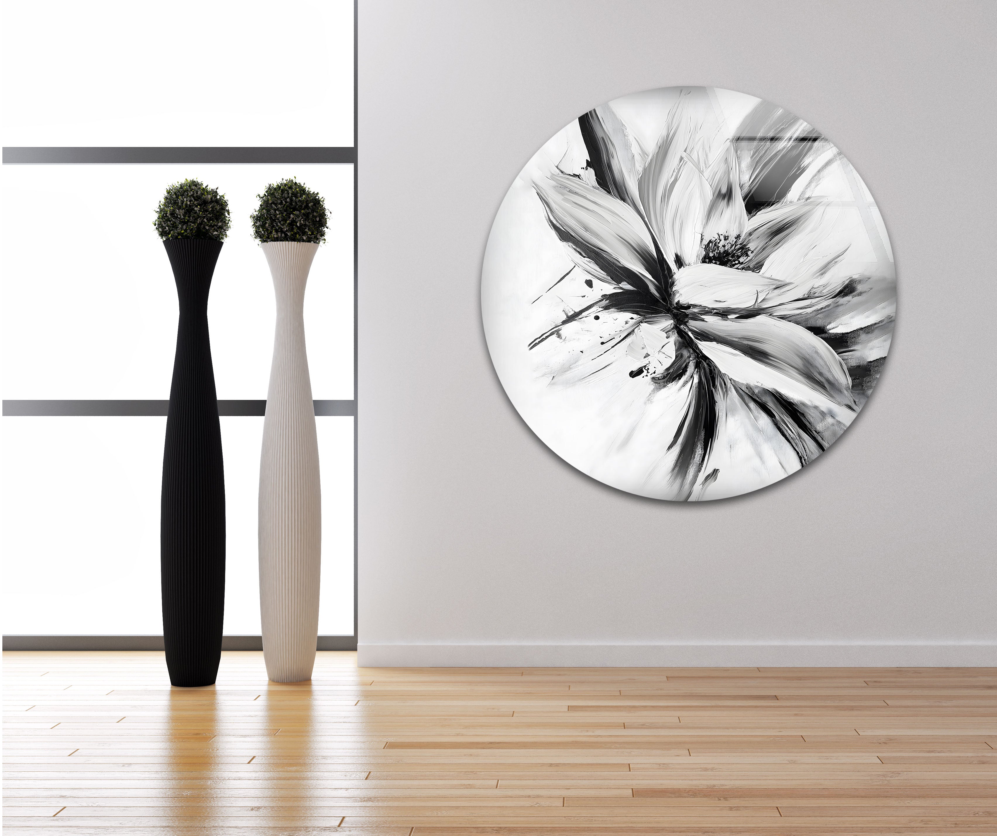 Modern Black and White Abstract Floral Glass Wall Art - Elegant Home Decor for Living Room, Bedroom & Office
