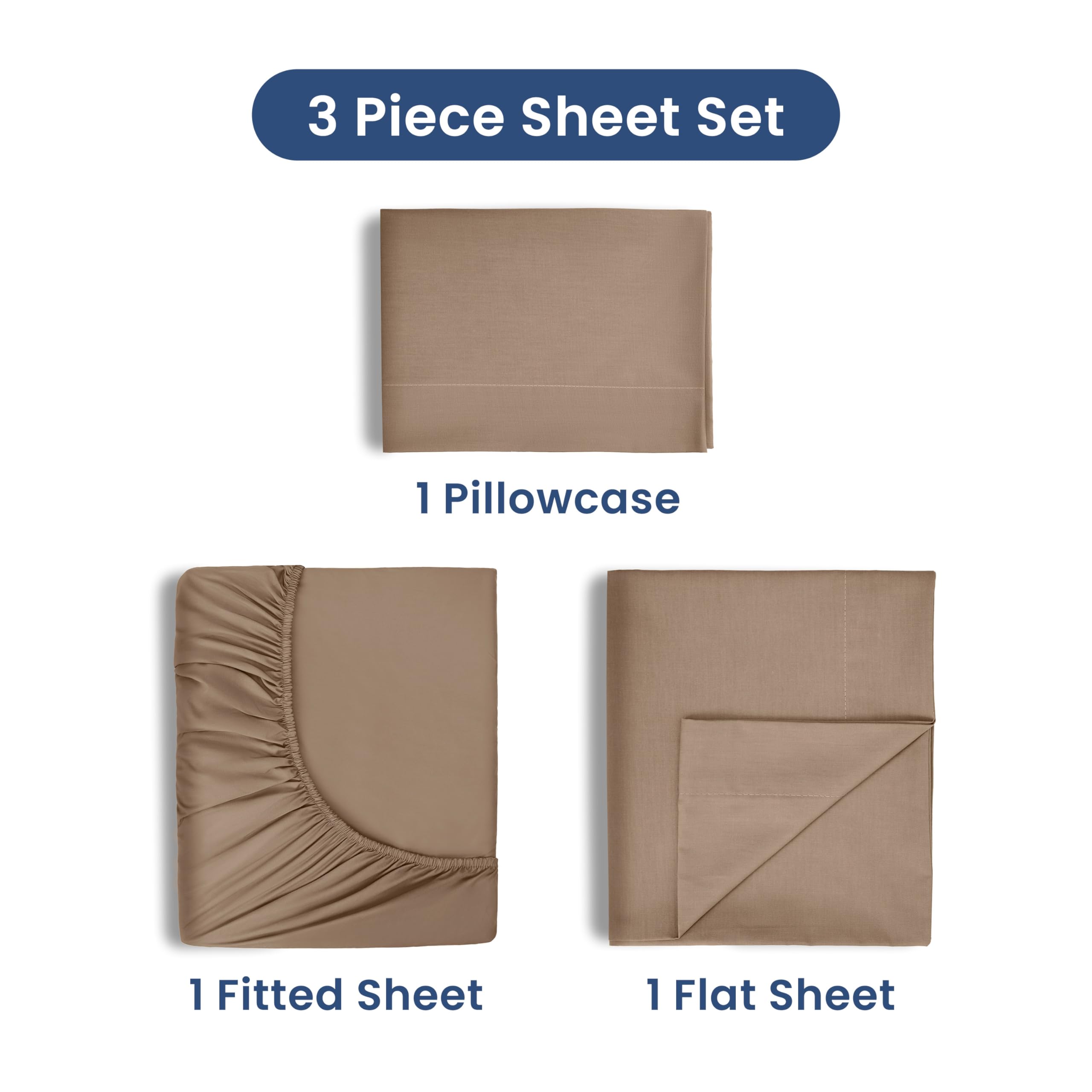 3 Piece Twin Sheets Set - Soft Breathable Brushed Cotton Rich Blend Bed Sheets | Lightweight, Wrinkle Resistant, Durable & Easy Care | Secure-Fit Comfort for Kids, Teens & Guest Rooms | Perfect for Dorms, Daybeds & Cozy Bedrooms (Beige)