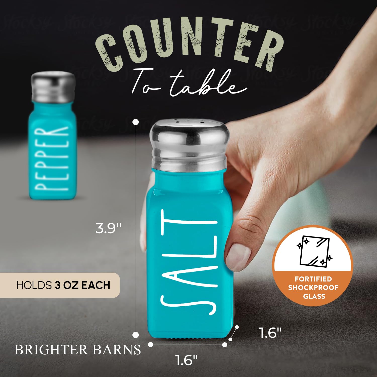 Brighter Barns Salt and Pepper Shakers Set - Modern Farmhouse Glass Shakers with Stainless Steel Lids - Turquoise & Teal Kitchen Decor for Home, Restaurants, Weddings - Perfect for Dining Tables, Kitchen Countertops & Gift Giving