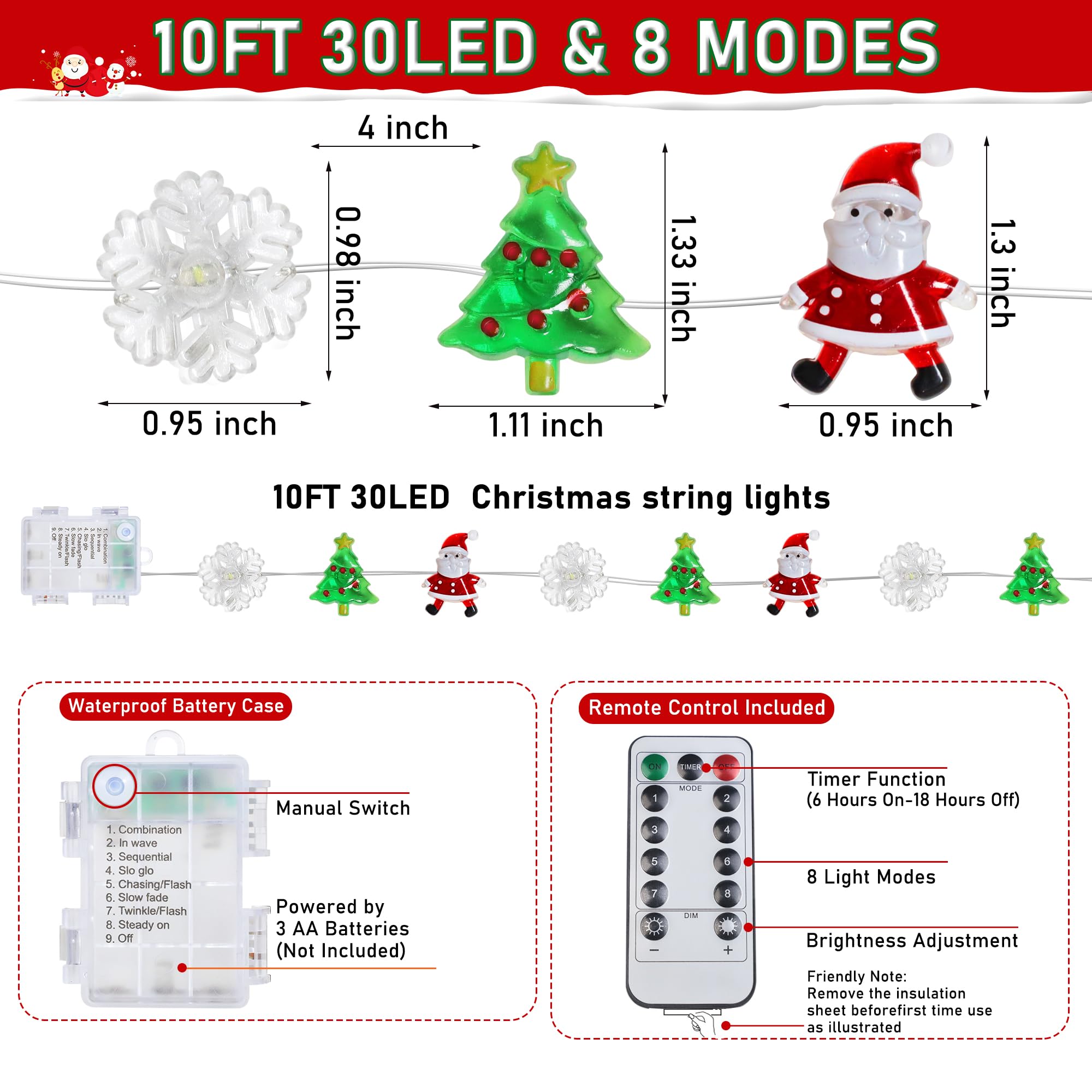 30 LED Battery Operated Christmas String Lights - 10FT Waterproof Fairy Lights with 8 Lighting Modes for Indoor Outdoor Holiday Decor - Perfect for Christmas Tree, Santa, Snowflake Decorations, Home Parties, Garden and Window Displays