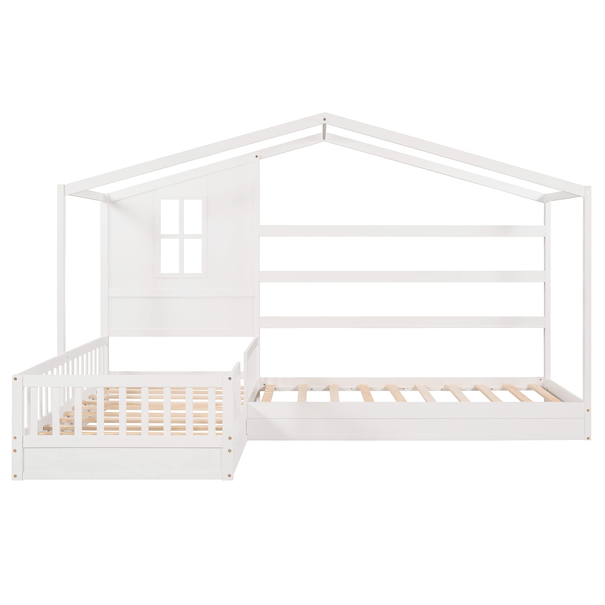 MERITLINE L-Shaped Twin House Bed for 2 Kids - Wooden Double Bunk Beds with Safety Fence & Playhouse Roof - Space-Saving Corner Bedroom Furniture - No Box Spring Needed (White) - Perfect for Kids' Rooms, Shared Bedrooms & Play Areas