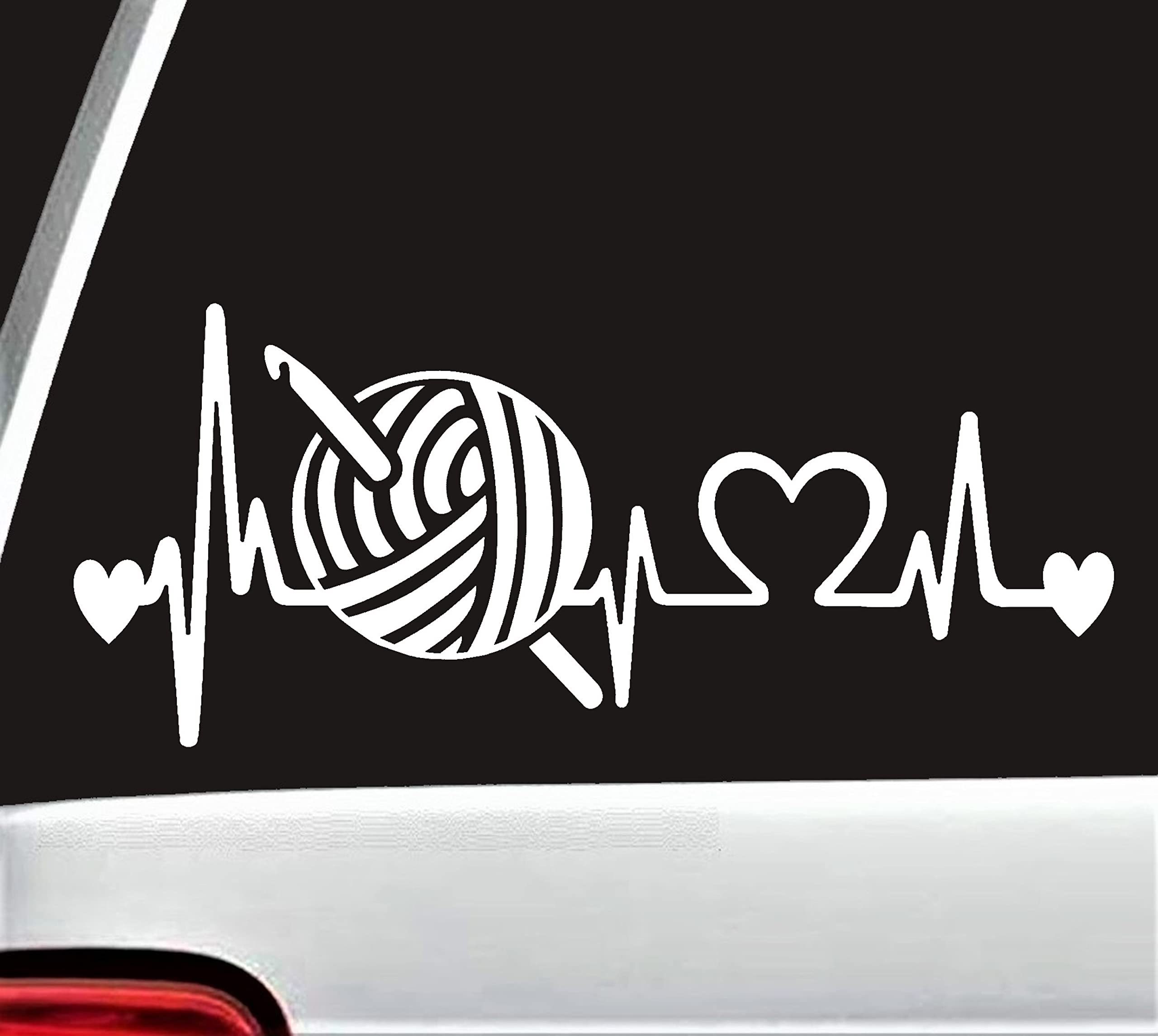 Crochet Hook Yarn Heartbeat Decal Sticker for Car Window - DIY Knitting Lover Gift - Waterproof Vinyl Sticker for Laptop, Notebook, Scrapbook & More