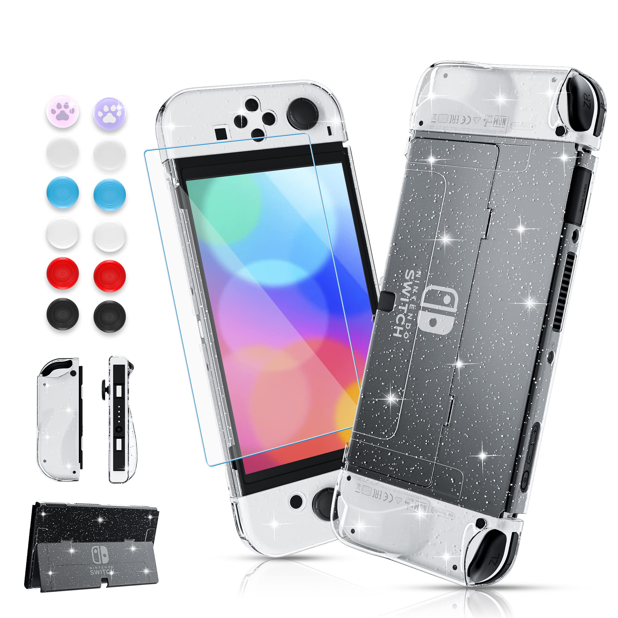 FUNDIARY Glitter Dockable Protective Case for Nintendo Switch OLED - Shockproof TPU Shell with Comfort Grip, 12 Thumb Caps & Screen Protector | Perfect for Gaming, Travel & Home Entertainment