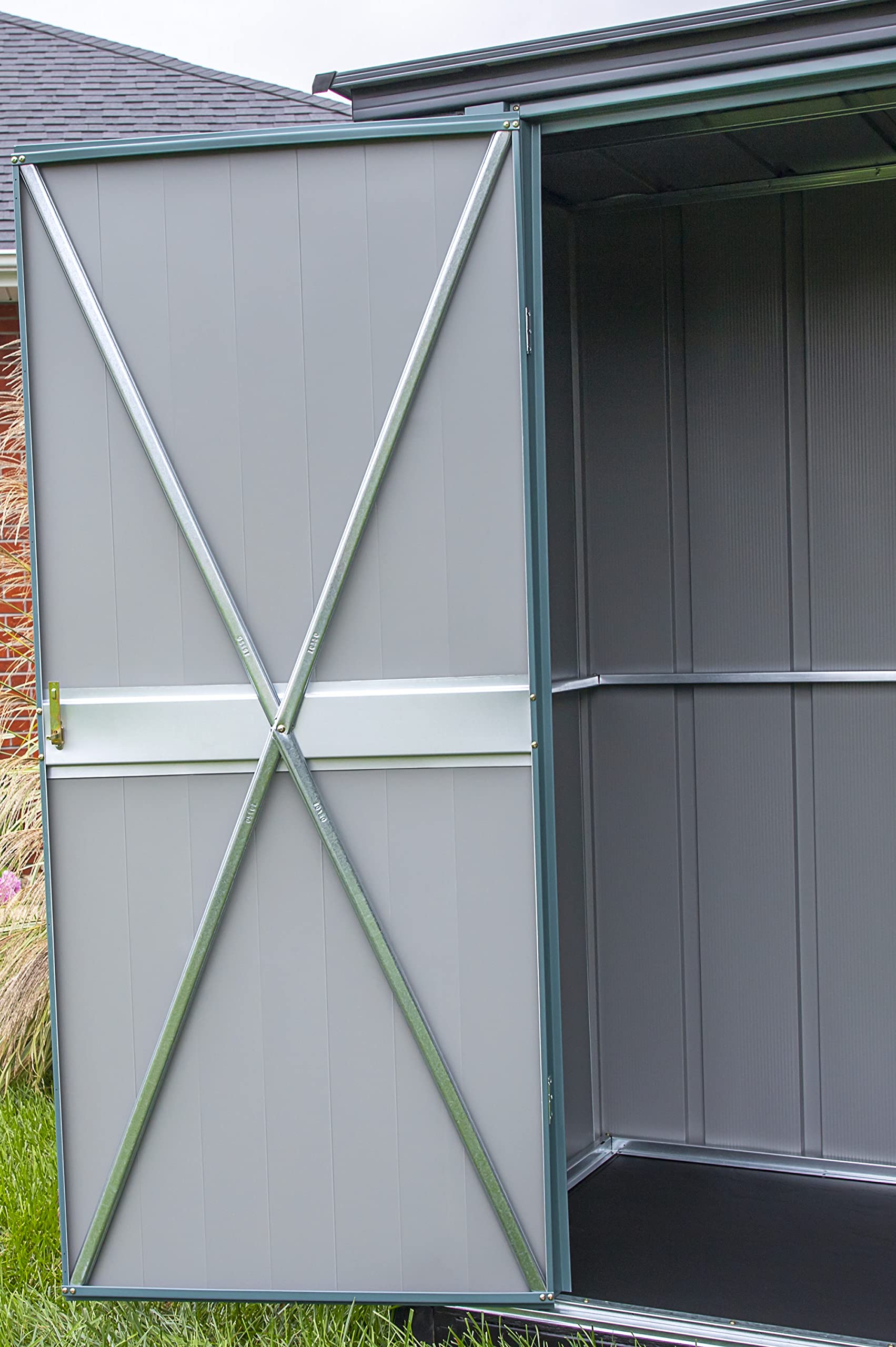 Spacemaker 4' x 3' Compact Outdoor Metal Storage Shed Kit - Weather-Resistant Backyard, Patio & Garden Organizer (Juniper Berry) | Perfect for Storing Lawn Tools, Pool Supplies & Outdoor Equipment