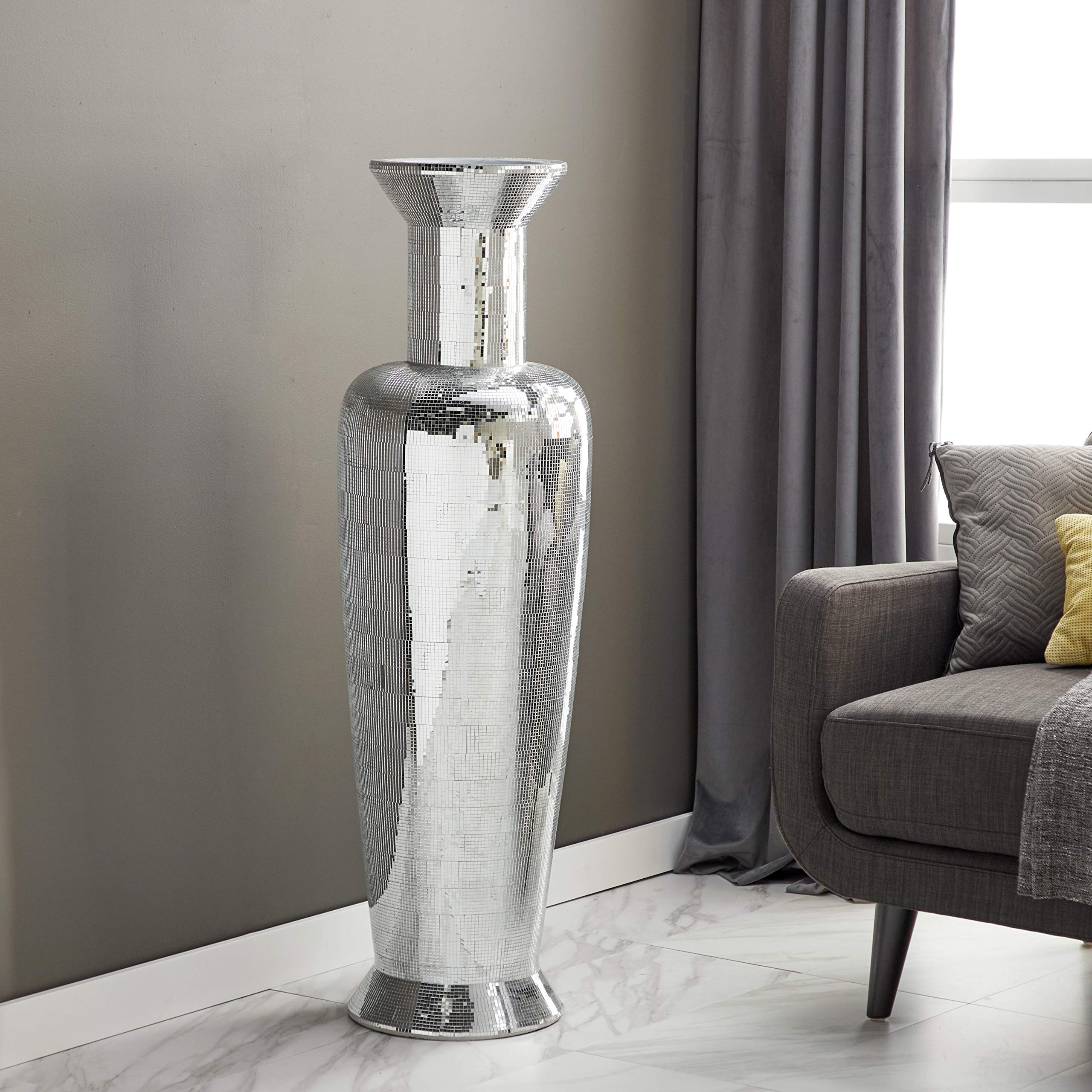 Deco 79 Tall Silver Polystone Floor Vase with Mosaic Mirror Inlay - 15