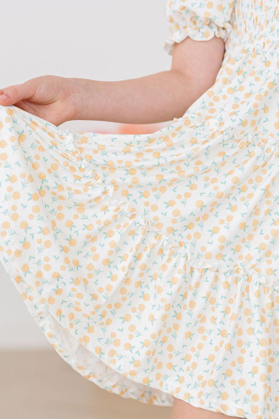 Marvelous Marigolds Smocked Ruffle Dress for Girls | Floral Print Summer Party Outfit | Perfect for Birthday, Easter & Special Occasions