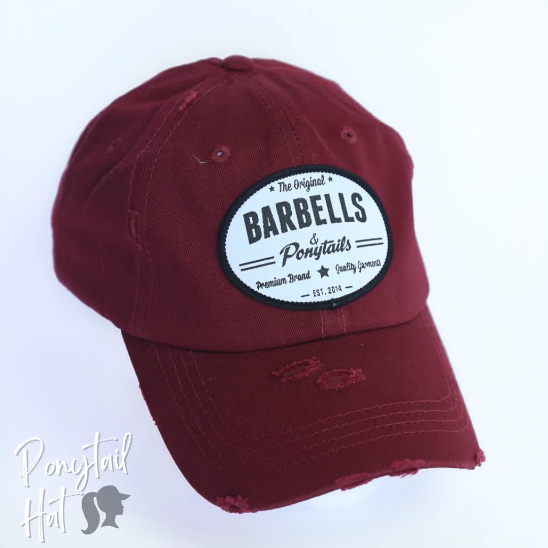 Barbells & Ponytails Baseball Cap - Adjustable Ponytail Hat for Women in Solid Maroon | Gym, Running, Workout & Outdoor Activities