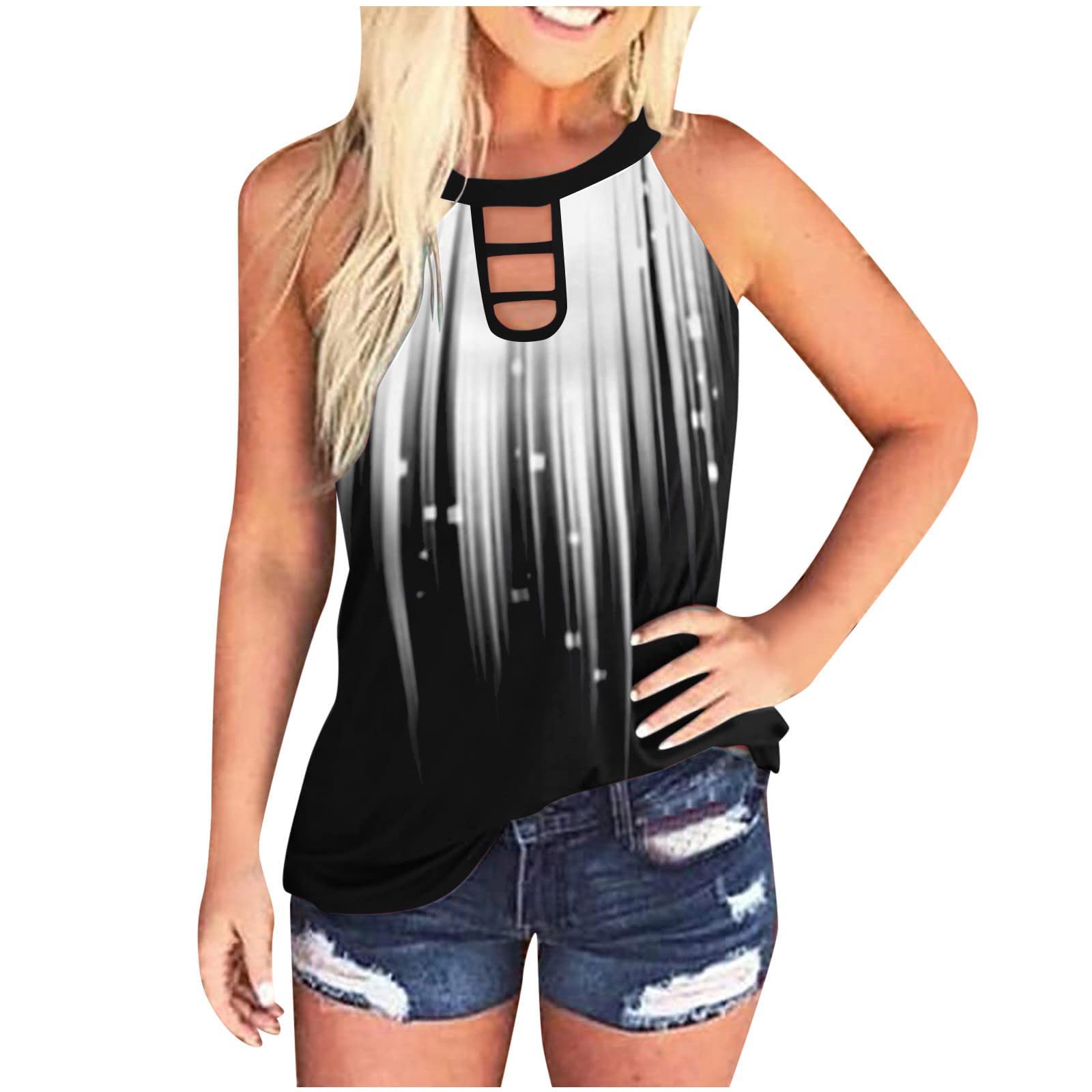 2022 Summer Women's Fashion Halter Neck Hollow Out Sleeveless Tank Tops - Breathable Printed Tunic Tees for Casual Wear, Beach & Vacation Outfits