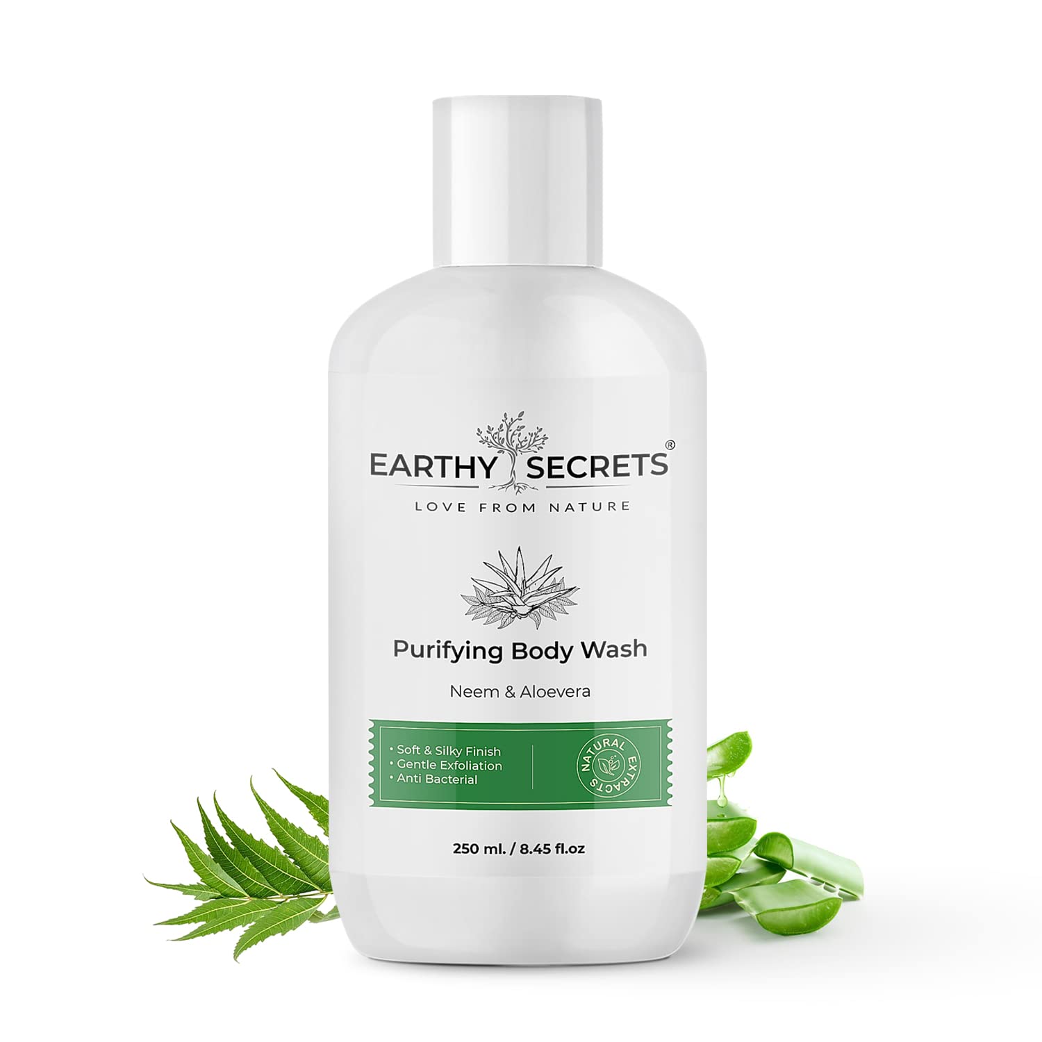 Earthy Secrets Neem & Aloe Vera Purifying Body Wash - 250ml | Soft, Silky Finish, Gentle Exfoliation & Antibacterial | Natural Skincare for Acne-Prone & Sensitive Skin | Perfect for Daily Shower & Spa Relaxation