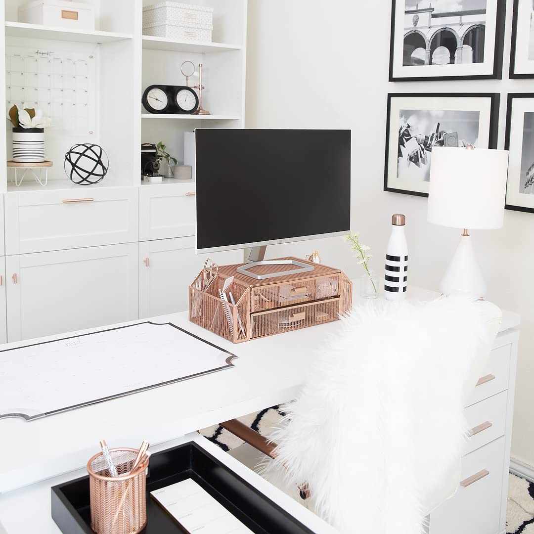 Blu Monaco Rose Gold Monitor Stand with Drawer – Premium Computer Monitor Riser with Storage – Ergonomic Laptop Stand for Home & Office Desk – Space Saving Desk Organizer with Drawers – Perfect for Workspace Organization & Home Office Setup