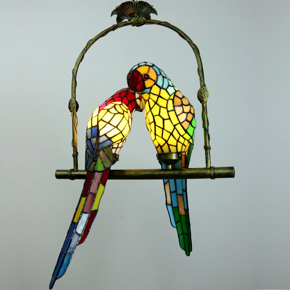 Vintage Tiffany Style Stained Glass Parrot 2 Bird Shade Chandelier Ceiling Pendant Light with Antique Bronze Finish - Adjustable Chain Length - Perfect for Dining Room, Living Room or Bedroom Lighting Decor