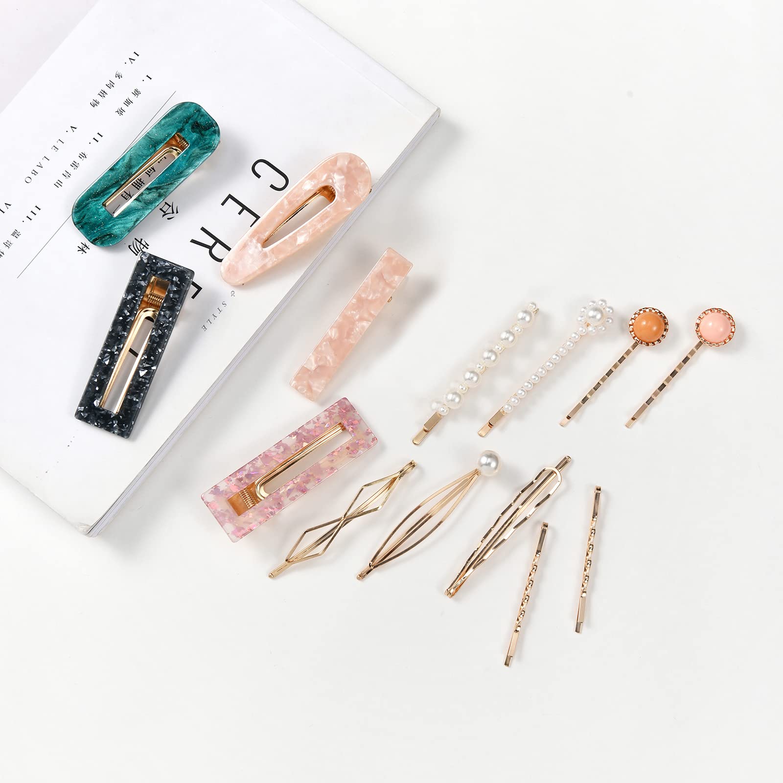 20 PCS Handmade Pearl & Acrylic Resin Hair Clips - Elegant Gold Hair Barrettes, Marble Alligator Bobby Pins, Glitter Crystal Geometric Hairpins for Women & Girls | Wedding, Party & Daily Hair Accessories Gift Set