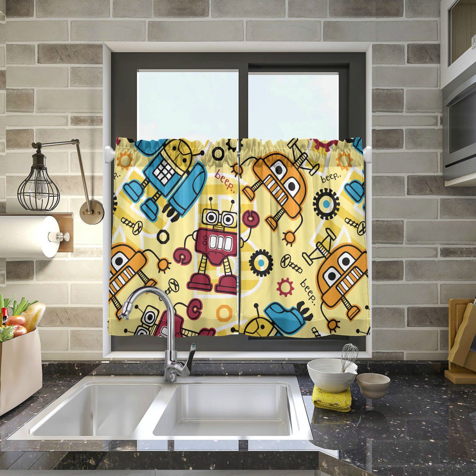 DOMIKING Robots Cartoon Kitchen Curtains 36 Inch Length - Cute Rod Pocket Short Window Curtains for Bathroom, Bedroom, Living Room & Farmhouse Decor - 2 Panels (27