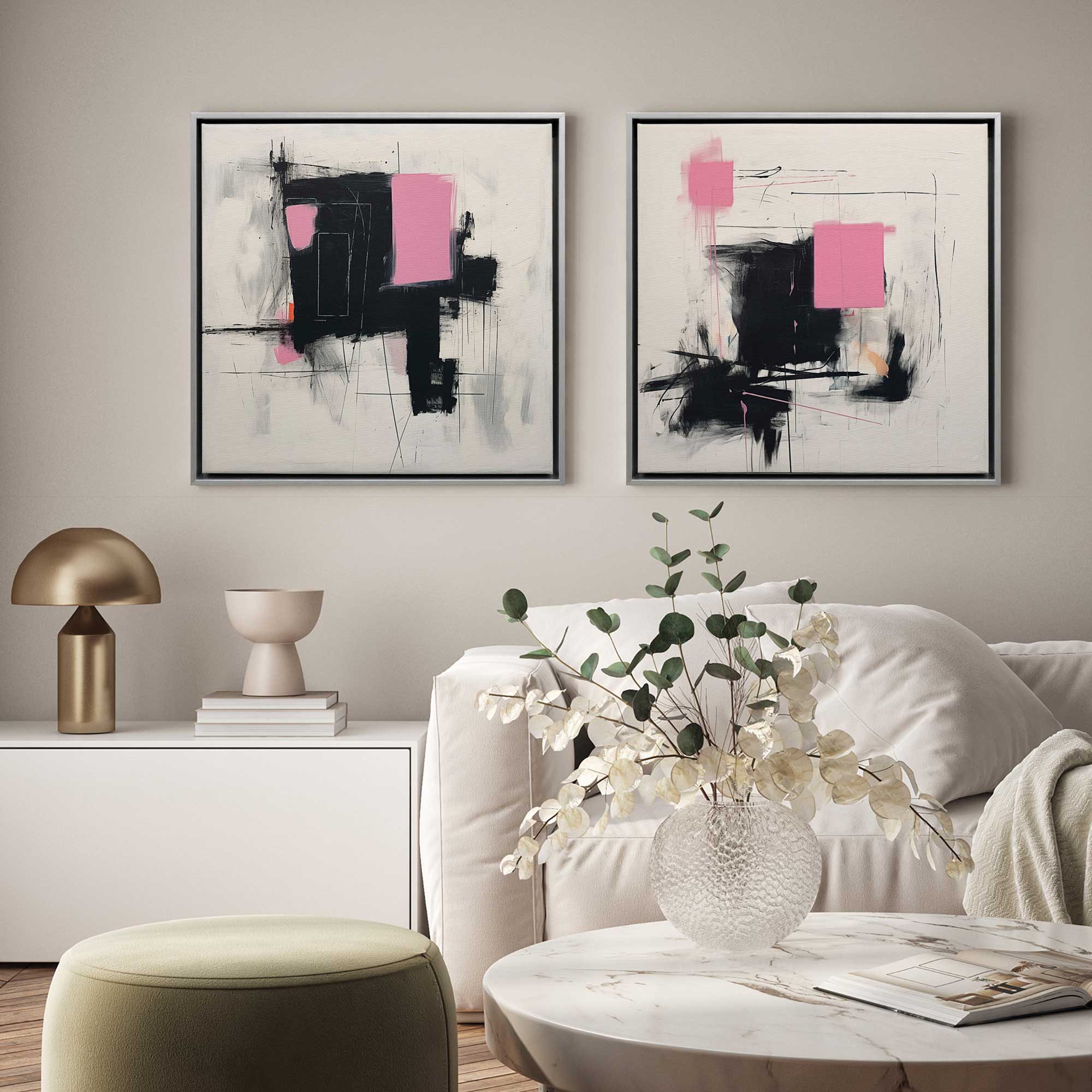 Graphite Pink Fusion Set of 2 Canvas Prints - Modern Wall Art for Living Room, Bedroom & Office Decor