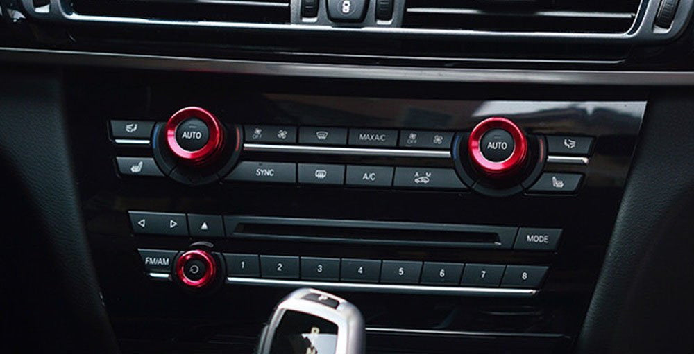 3-Piece Red AC Climate Control & Radio Volume Knob Ring Covers for BMW 5 6 7 Series - Interior Car Accessories Upgrade for Enhanced Grip & Style