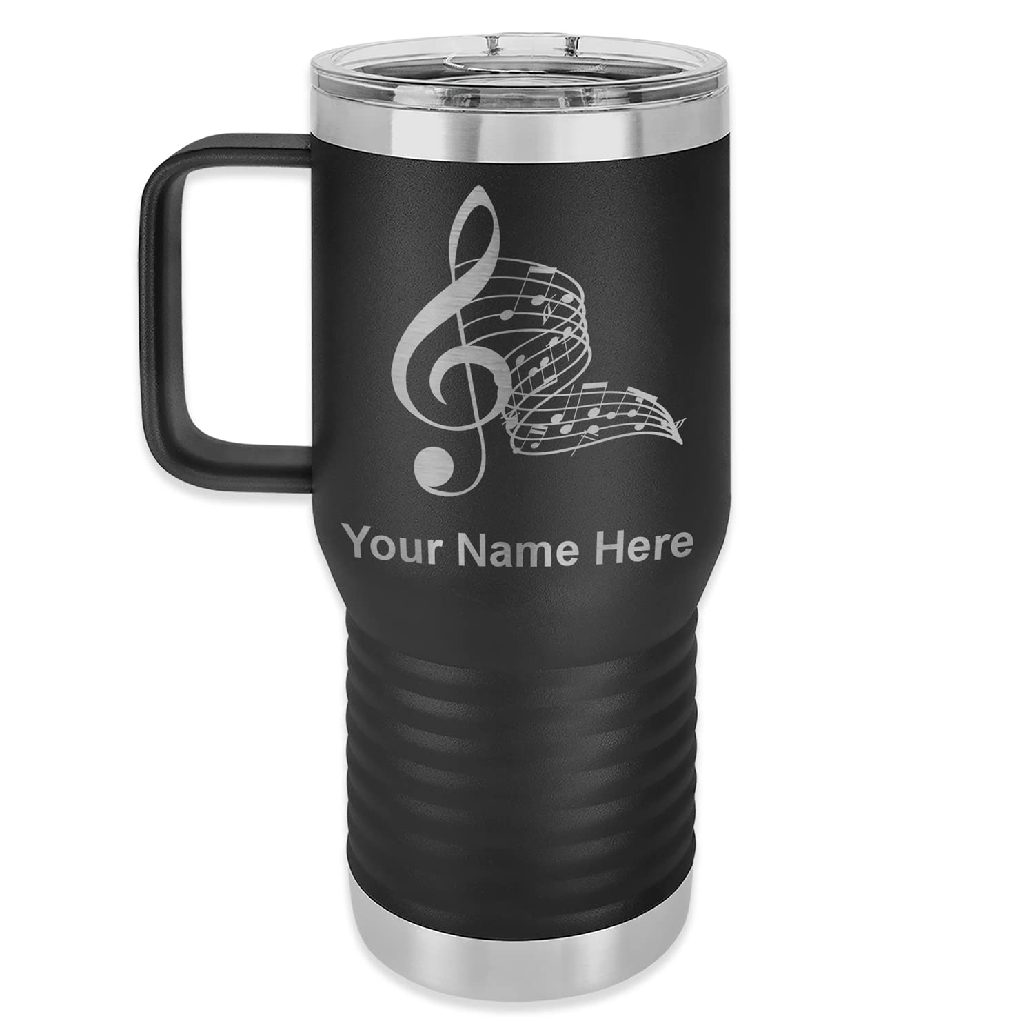 LaserGram 20oz Vacuum Insulated Stainless Steel Travel Mug with Handle - Personalized Engraving Gift, Musical Notes Design - Keeps Drinks Hot/Cold for Hours - Perfect for Coffee, Tea, Office, Commuting & Outdoor Activities (Black)