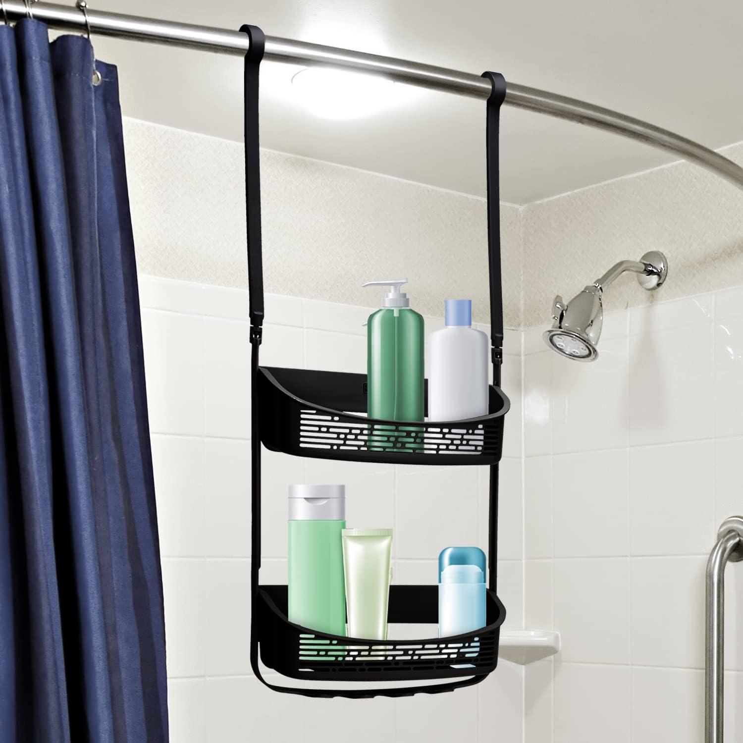 BLACK+DECKER 2-Way Convertible Hanging Shower Caddy with Anti-Swing Design - Adjustable Arm Over The Door Organizer with Loofah & Razor Hooks - Perfect for Storing Large & Small Bottles, Toiletries & Bath Accessories - Ideal for Bathroom Organization & Space Saving