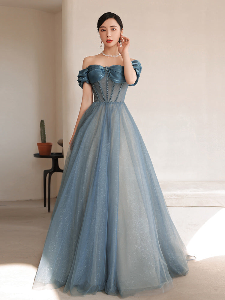 Elegant Off Shoulder Blue A-Line Prom Dress with Tulle Skirt - Formal Evening Gown for Homecoming, Wedding & Special Occasions