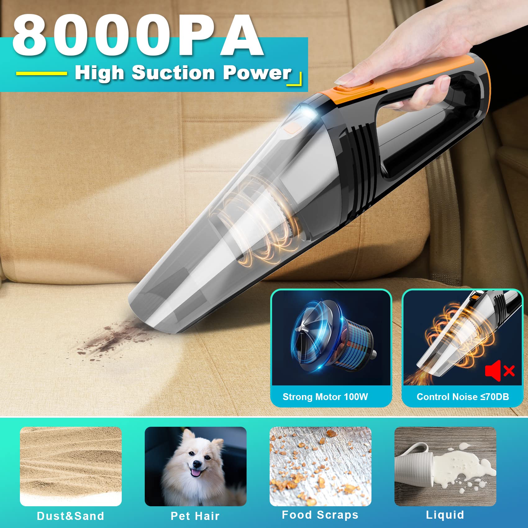 Powerful 8000PA 100W DC12V Portable Car Vacuum Cleaner - 16.4ft Corded Handheld Vacuum with LED Light & Detailing Kit for Deep Interior Cleaning | Ideal for Cars, Trucks, SUVs & Home Use - Perfect Gift for Men & Women