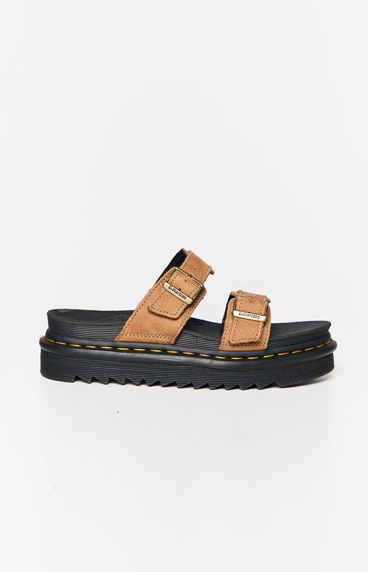 Dr. Martens Myles Slide Sandal - Tan Tumbled Nubuck Leather Slides for Men | Comfortable Summer Casual Shoes for Beach, Pool & Outdoor Wear