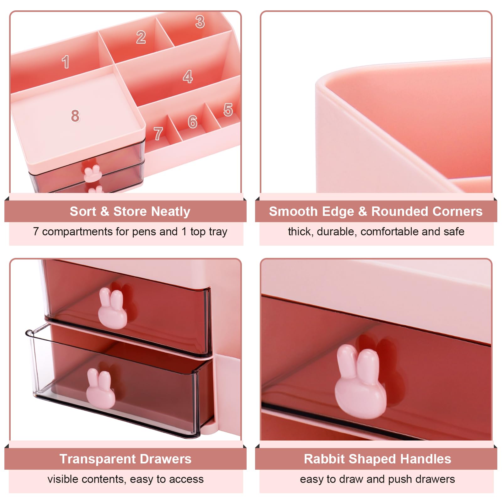 Pink 2-Drawer Makeup Organizer with 7 Compartments & Top Tray - 11