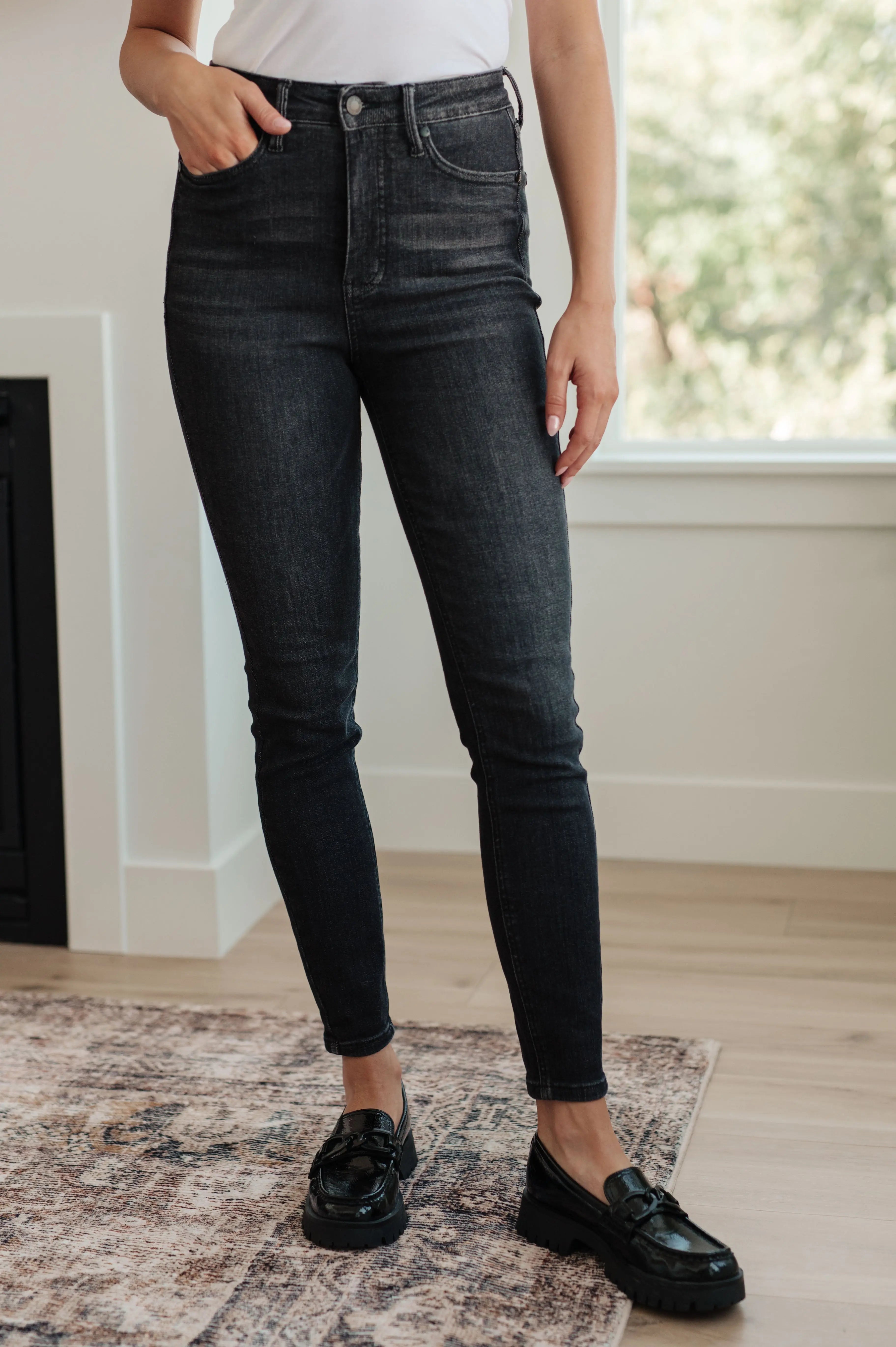 Octavia High Rise Control Top Skinny Jeans for Women - Washed Black Denim Pants, Tummy Control Slim Fit Jeans | Perfect for Work, Date Night & Casual Outfits