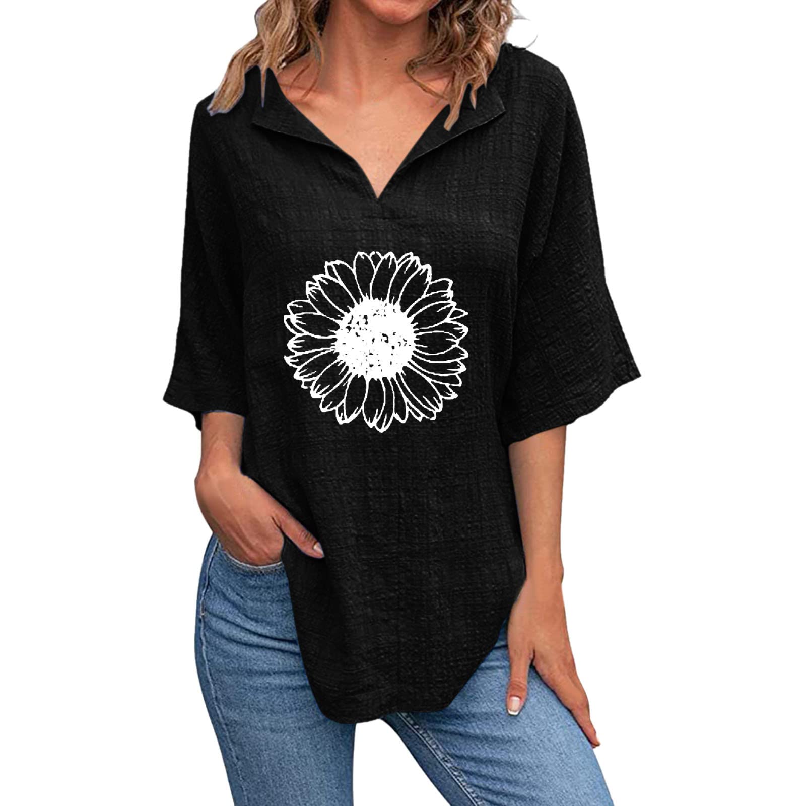 Women's Sunflower Printed V-Neck Short Sleeve Cotton Linen T-Shirt - Summer Casual Top for Women - Perfect for Beach Outings, Picnics, and Everyday Wear