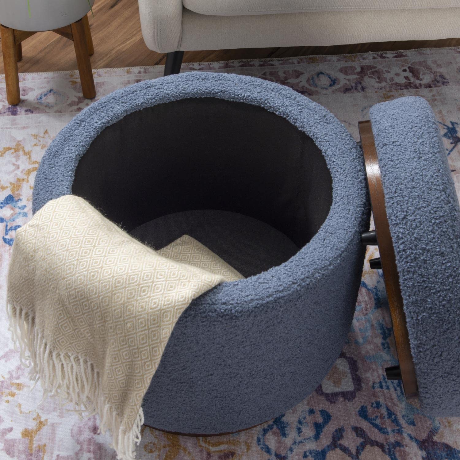 Linon Blanche Storage Ottoman - Blue Grey Walnut Finish, Upholstered Bench with Hidden Storage | Perfect for Living Room, Bedroom, or Entryway Organization