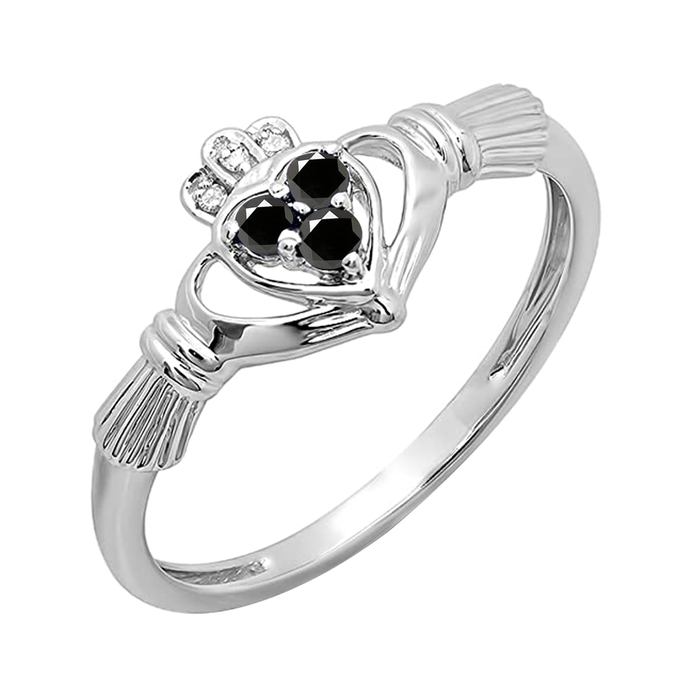 10K Solid Gold Claddagh Heart Ring for Women - Black & White Diamond Irish Love & Friendship Promise Ring | Elegant Jewelry Gift for Anniversary, Valentine's Day & Special Occasions