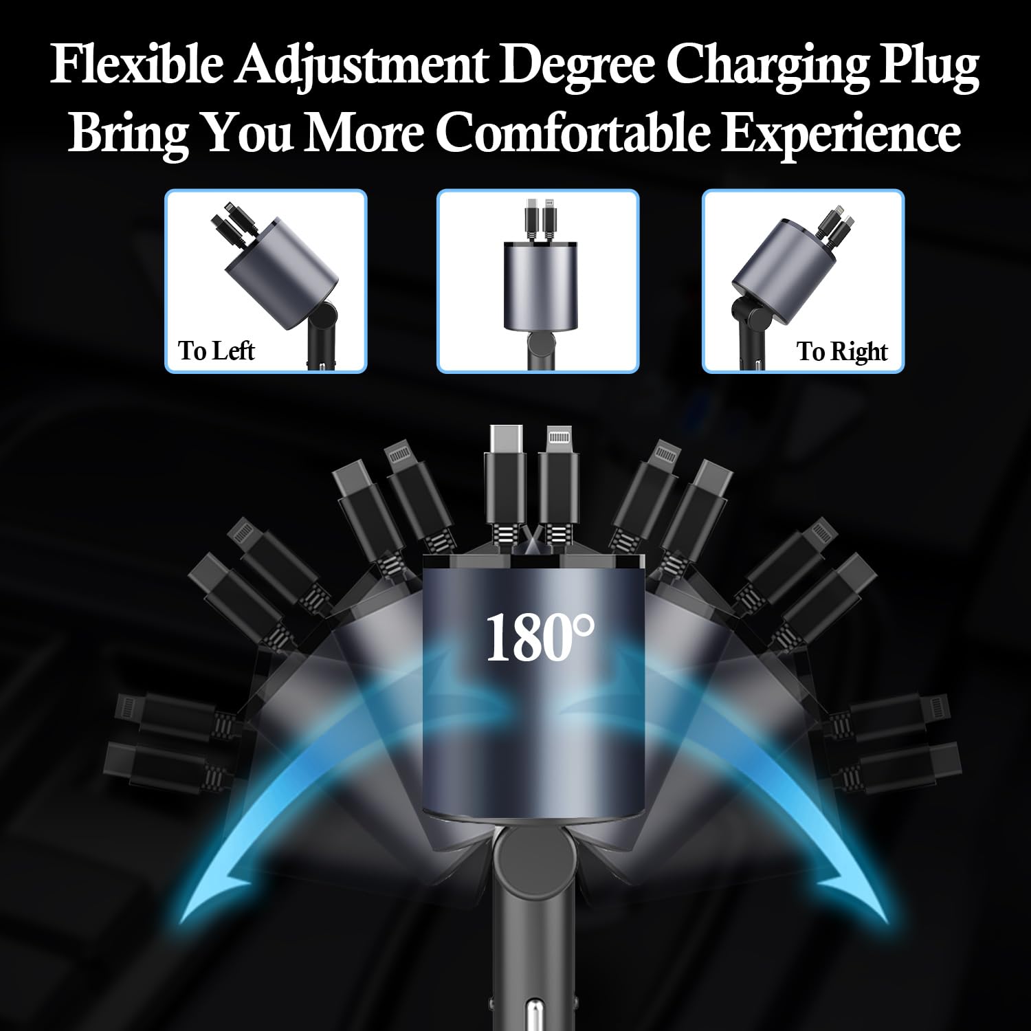 GOBGOD 4-in-1 Retractable Car Charger with USB-C & Fast Charging - Compatible with iPhone 15/14/13/12/11, iPad, Galaxy S23/S22/S10 - Perfect for Road Trips & Daily Commute (Round Design)