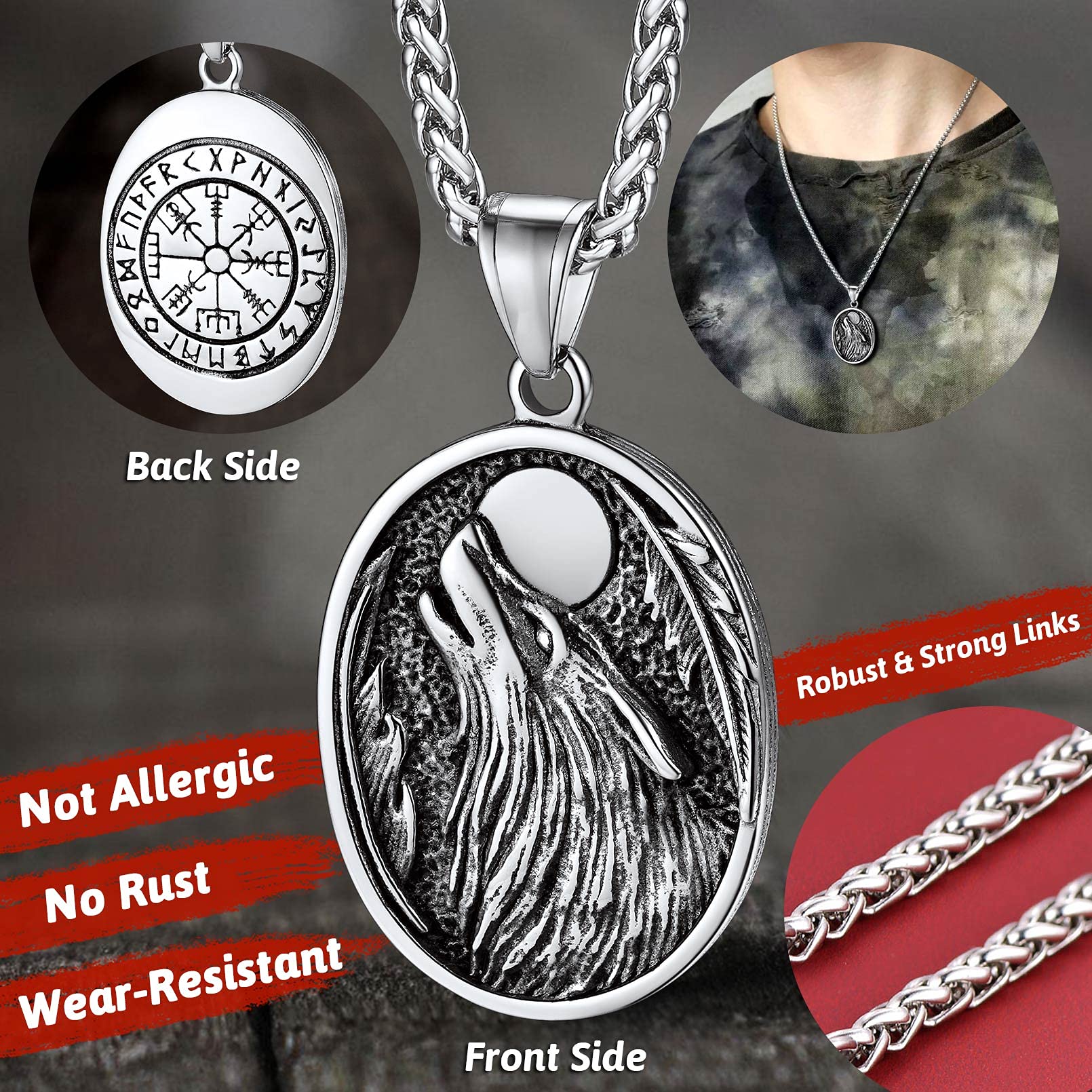 FaithHeart Norse Viking Wolf Pendant Necklace for Men & Women - Stainless Steel/18K Gold Plated Nordic Jewelry with Gift Box - Perfect for Viking Lovers, Cosplay & Medieval Reenactment