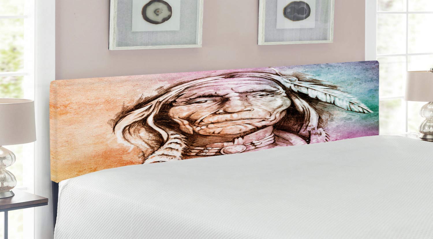 Ambesonne Colorful King Size Upholstered Headboard - Watercolor Style Portrait of Chief Feather Band, Decorative Metal Bed Frame with Memory Foam, Multicolor | Perfect for Master Bedroom, Guest Room & Bohemian Home Decor