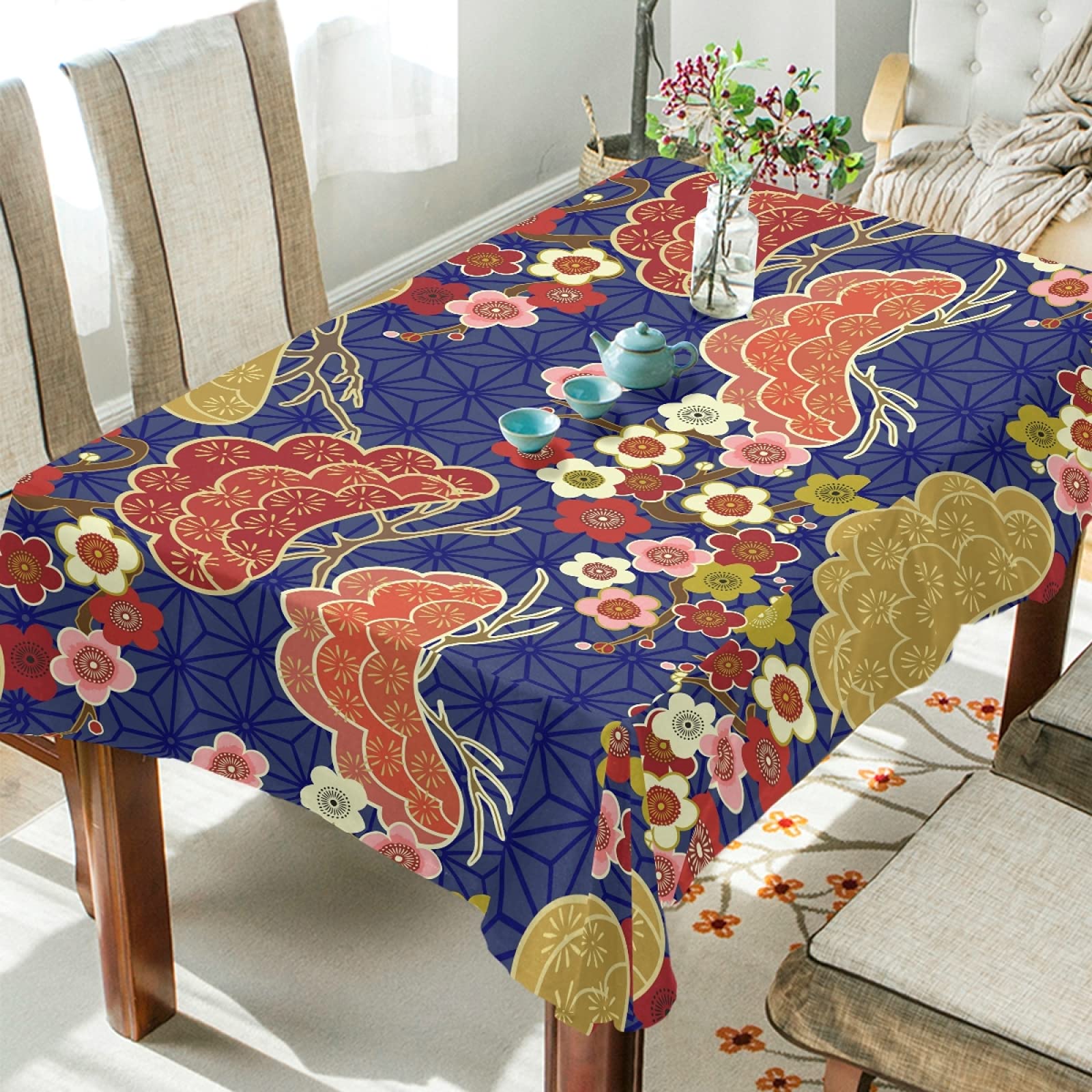 Elegant Traditional Oriental Cherry Blossom Polyester Tablecloth 60x90 Inches - Rectangle Dining Table Cover for Party Decor, Wedding, Tea Ceremony & Home Dining