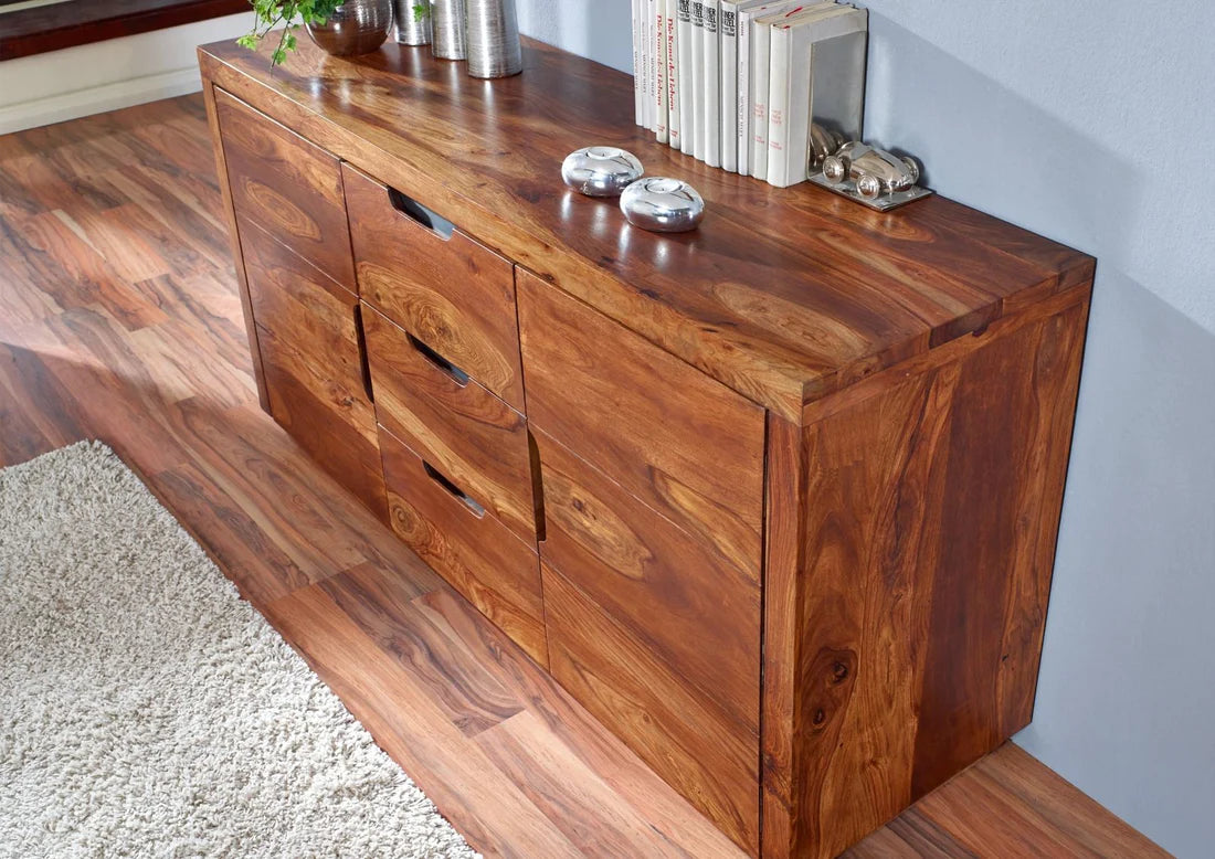Gfine Solid Sheesham Wood Sideboard - 2 Doors & 3 Drawers, 150x45x76cm - Perfect for Living Room Storage & Dining Room Organization