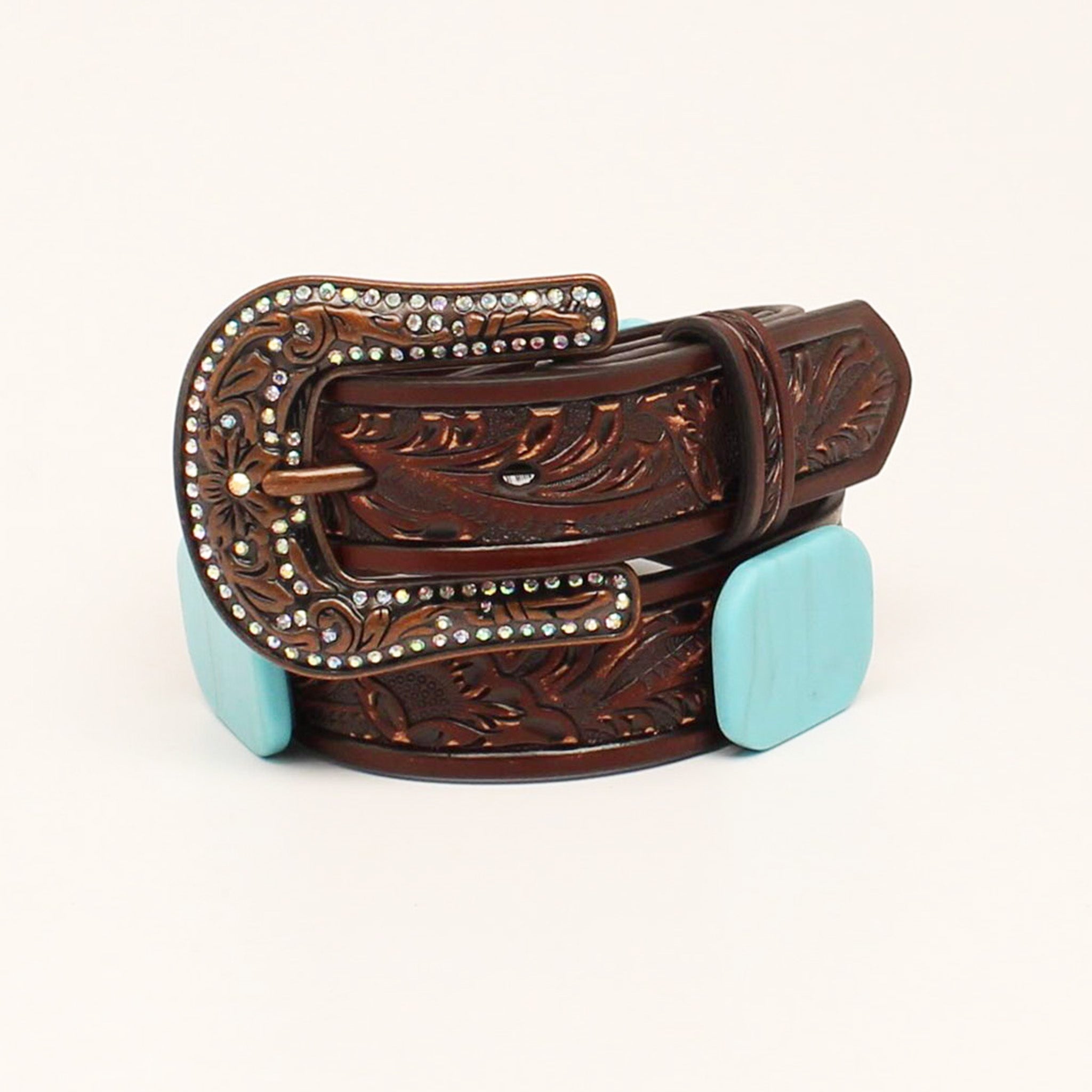 Angel Ranch Kids Sanded Embossed Turquoise Stone Brown Leather Belt for Boys & Girls - Western Style Accessory for Jeans, Dresses & Cowboy Outfits