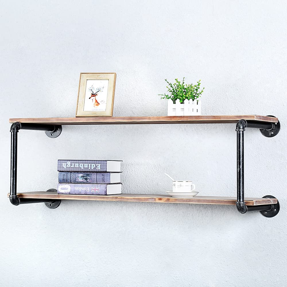 Industrial Pipe Floating Shelves for Wall - 42 Inch Rustic Wood and Metal Wall Mounted Shelving, 2 Tier Hanging Book Shelf - Perfect for Living Room, Bedroom, Office Storage and Display