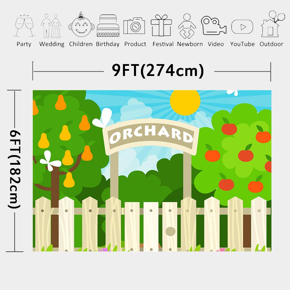 9x6FT Cartoon Orchard Apple Pear Tree Backdrop with Wood Fence & Blue Sky - Perfect for Birthday Parties, Baby Showers, Photo Booths, Cake Tables & Photography Props (LHLU807)