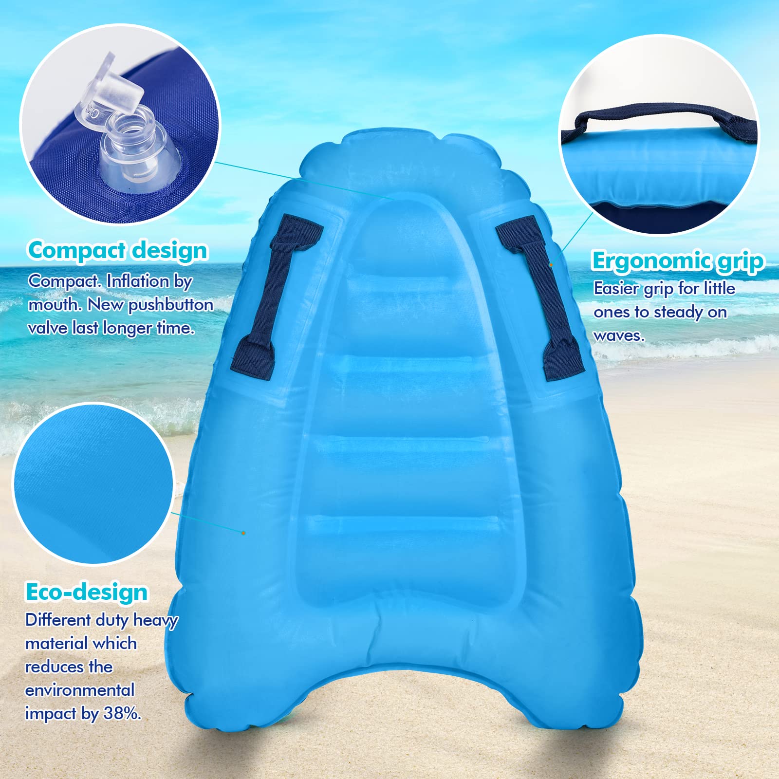Inflatable Boogie Board for Kids & Adults - Lightweight Kickboard for Swimming, Sliding & Floating - Perfect for Pool, Beach & Water Park Fun - Summer Water Toy with Handles for Safe Play
