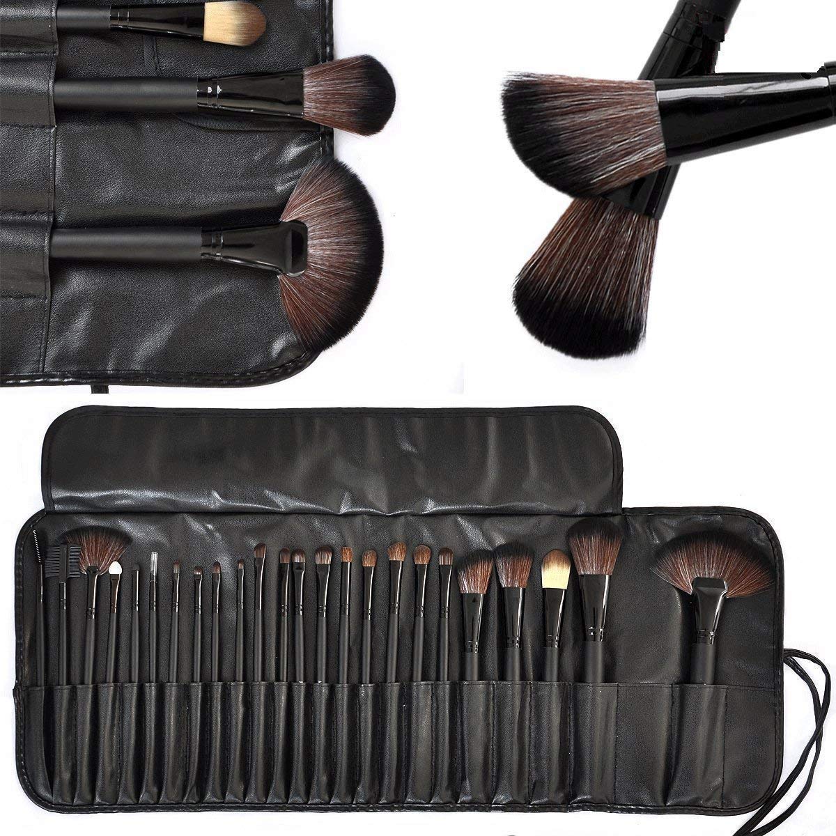 LANELLIE Premium Fiber Bristle Makeup Brush Set - 24 Piece Professional Cosmetic Brush Kit with Black Leather Case | Perfect for Makeup Artists, Travel & Home Use