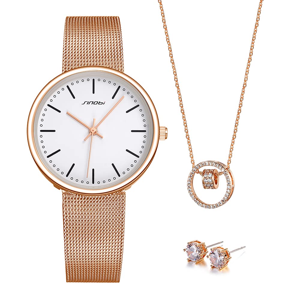 Elegant Women's Watch Set with Quartz Movement - Stainless Steel Band & Mesh Bracelet, Jewelry Gift Set Includes Earrings & Necklace - Perfect Valentine's Day Gift for Her, Birthday Present, Anniversary or Special Occasion - Relogio Feminino Luxury Timepiece for Everyday Wear & Formal Events