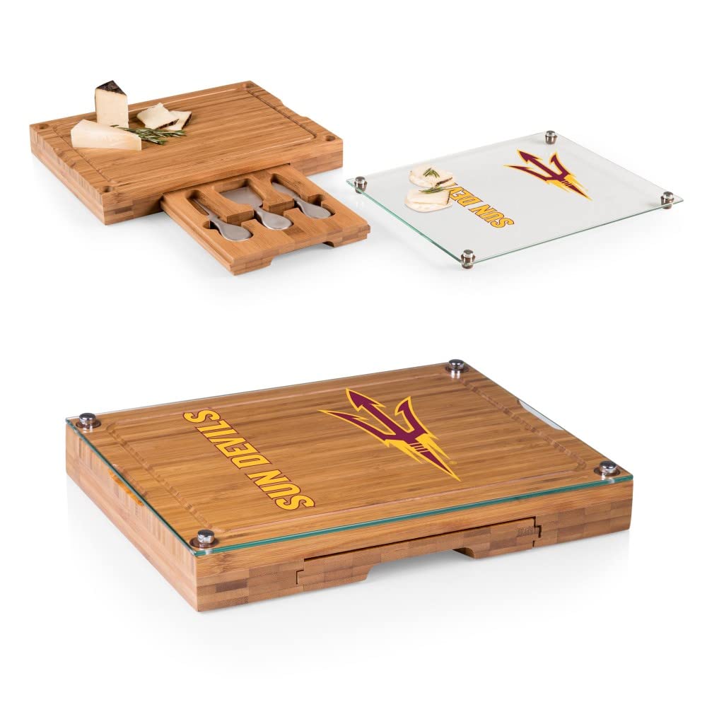 PICNIC TIME NCAA Concerto Glass Top Cheese Board and Knife Set - Bamboo Charcuterie Board with Glass Top Cutting Board for Wine & Cheese Party, Charcuterie Platter, Entertaining Gifts