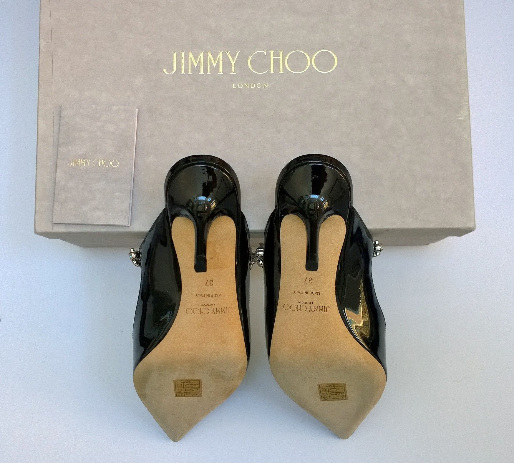 Jimmy Choo Bing 65 Black Patent Leather Rhinestone Strap Heels - Women's Luxury Mules & Slides for Parties, Weddings & Evening Events - Brand New in Box