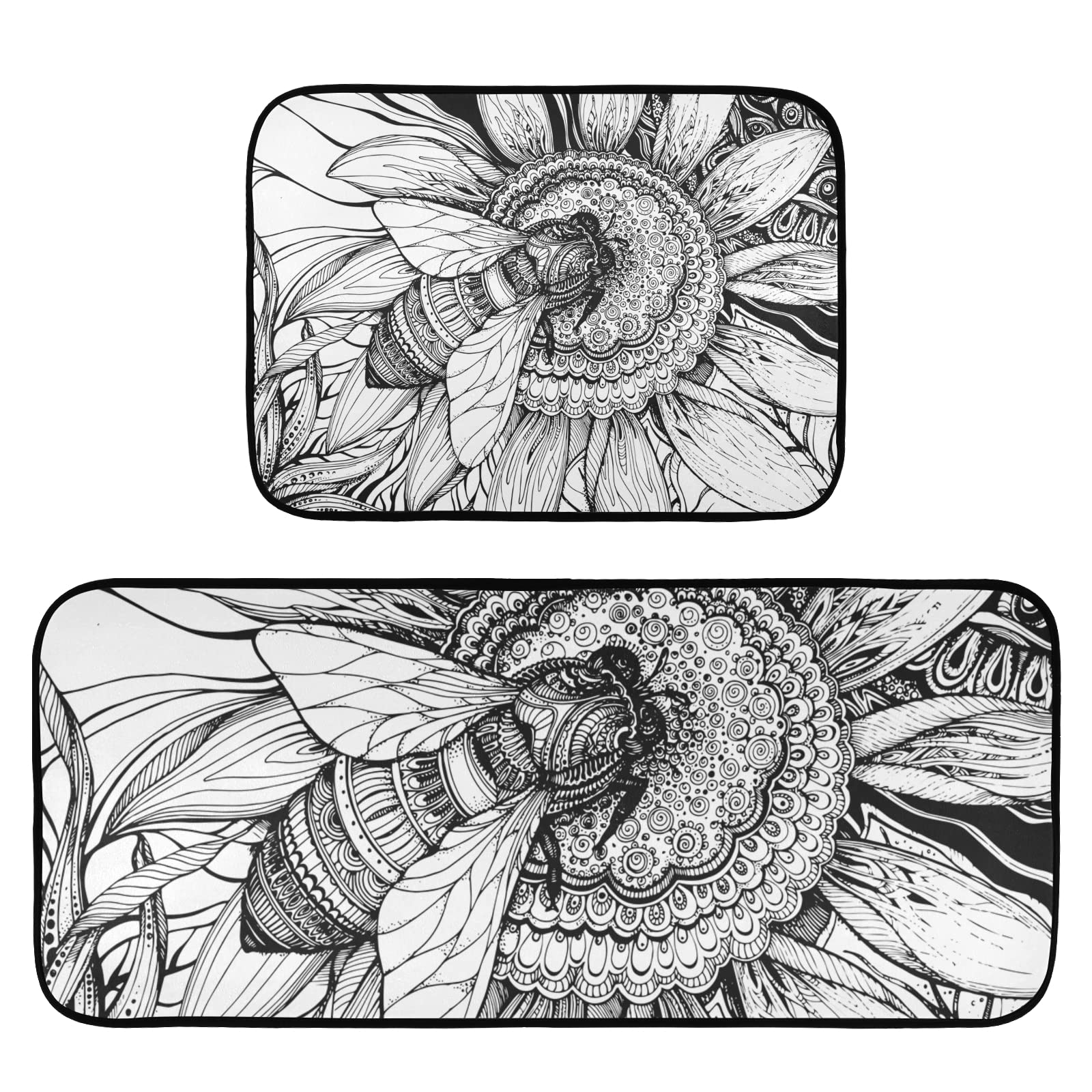Sunflower Bee Kitchen Rug Set of 2 - Non-Slip Cushioned Heavy Duty Foam Mats for Standing Comfort - Farmhouse Style Kitchen Runner & Laundry Room Floor Mat - Perfect for Kitchens, Pantries & Entryways
