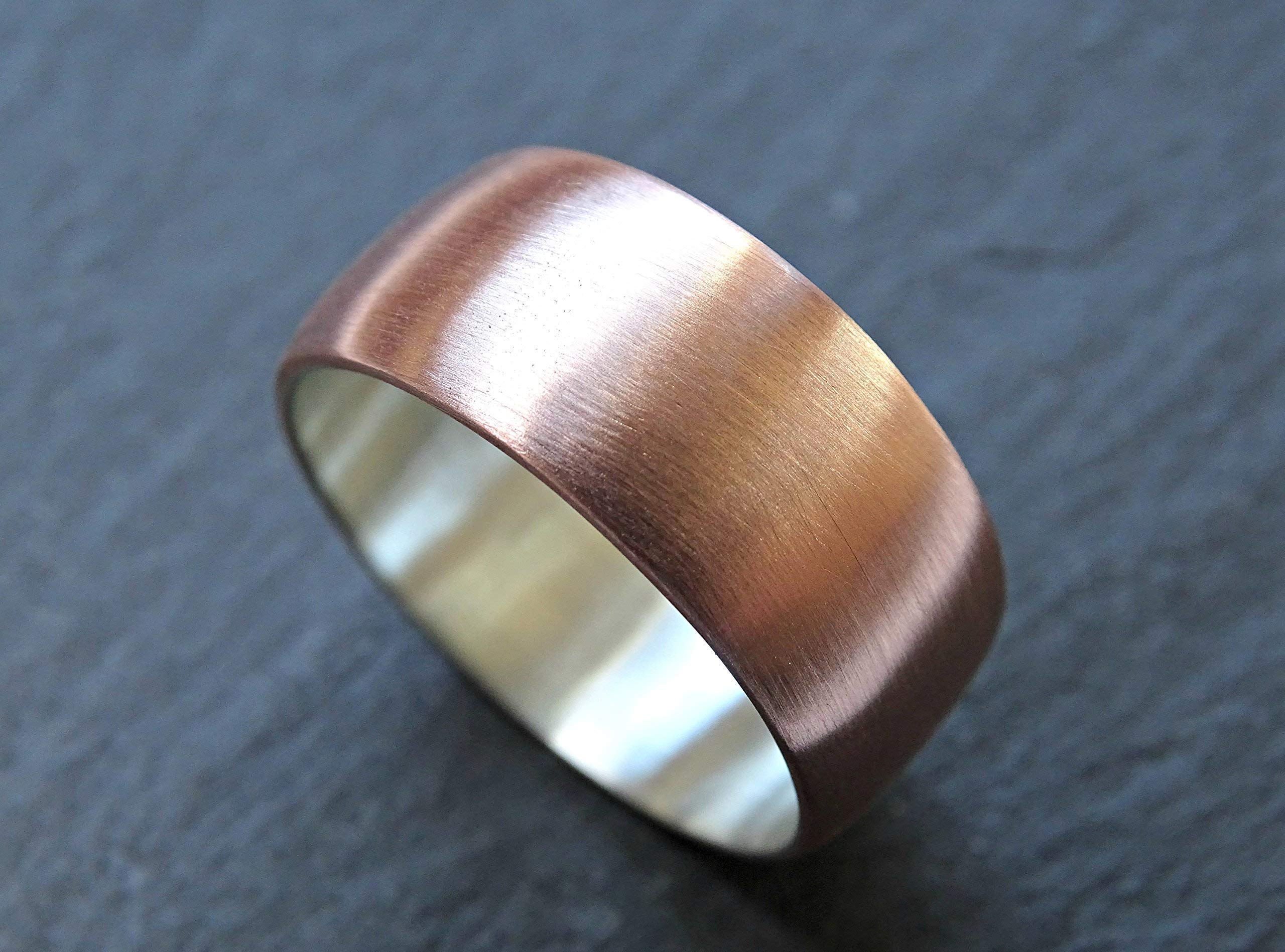 Handmade Domed Copper Wedding Ring for Men - Personalized Engraved Mixed Metal Ring (Copper & Silver) - Unique Alternative Wedding Band & Anniversary Gift - Perfect for Engagements, Weddings & Special Occasions