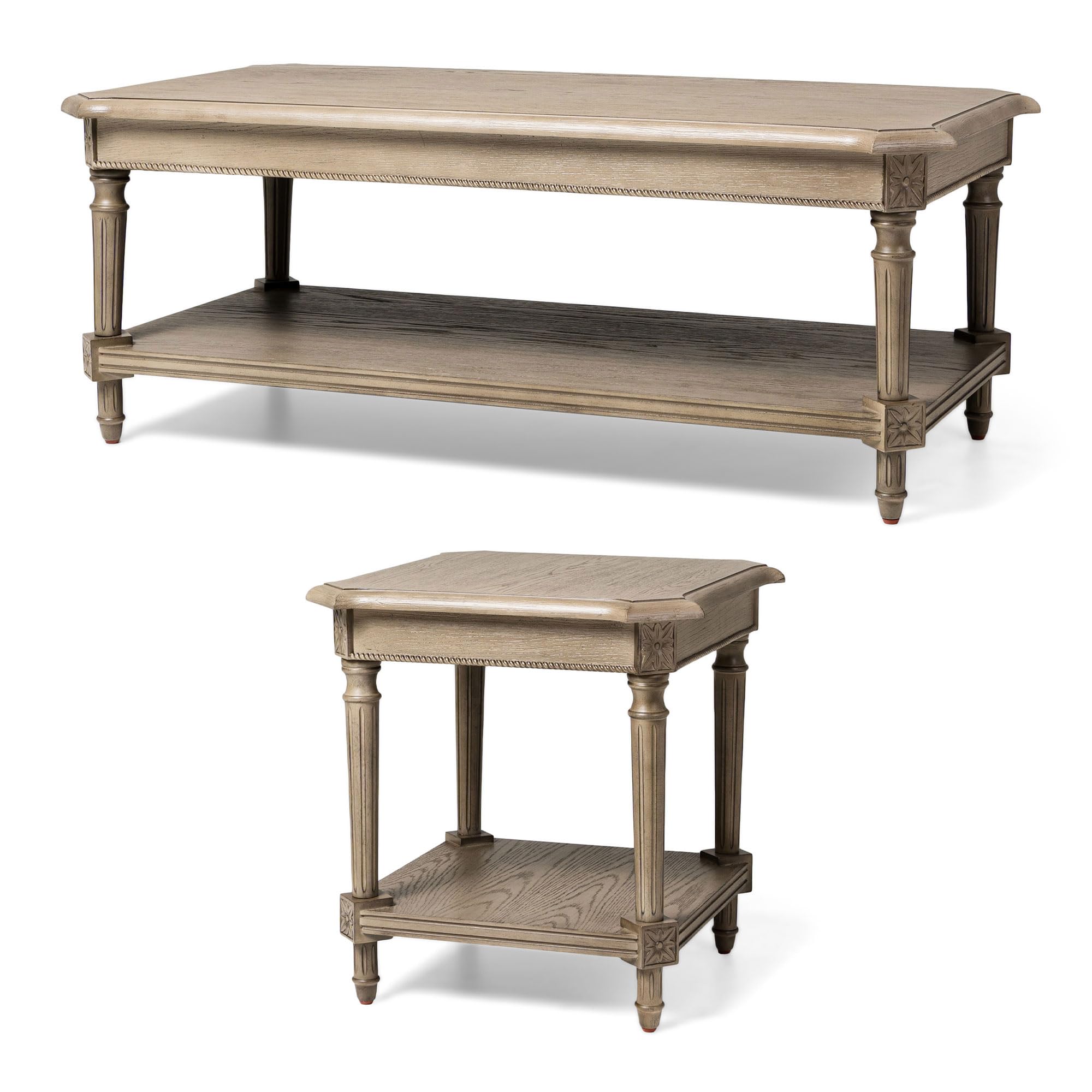 Rustic Grey Wood Coffee Table Set with Storage - Traditional Rectangular Center Table & Square Side Table for Living Room, Home Decor | Perfect for Farmhouse, Cottage & Vintage Style Interiors